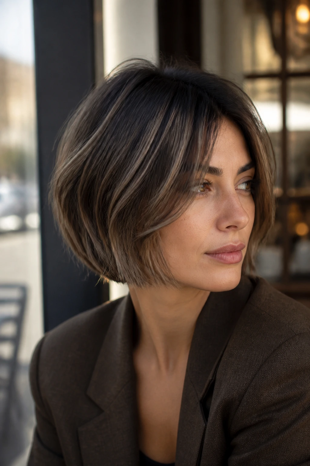 Chin-length French bob in mushroom brown balayage with depth