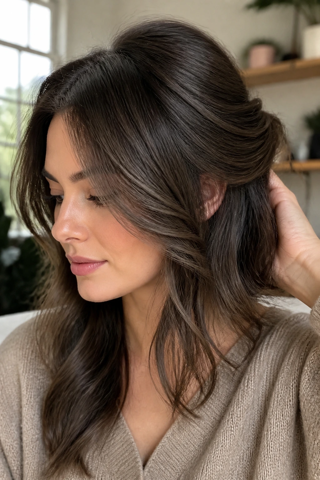 Cool brunette with mushroom brown lowlights adding shadow and depth