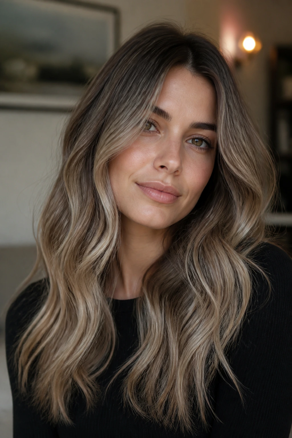 Close-up of mushroom brown hair with cool beige ends on a real person
