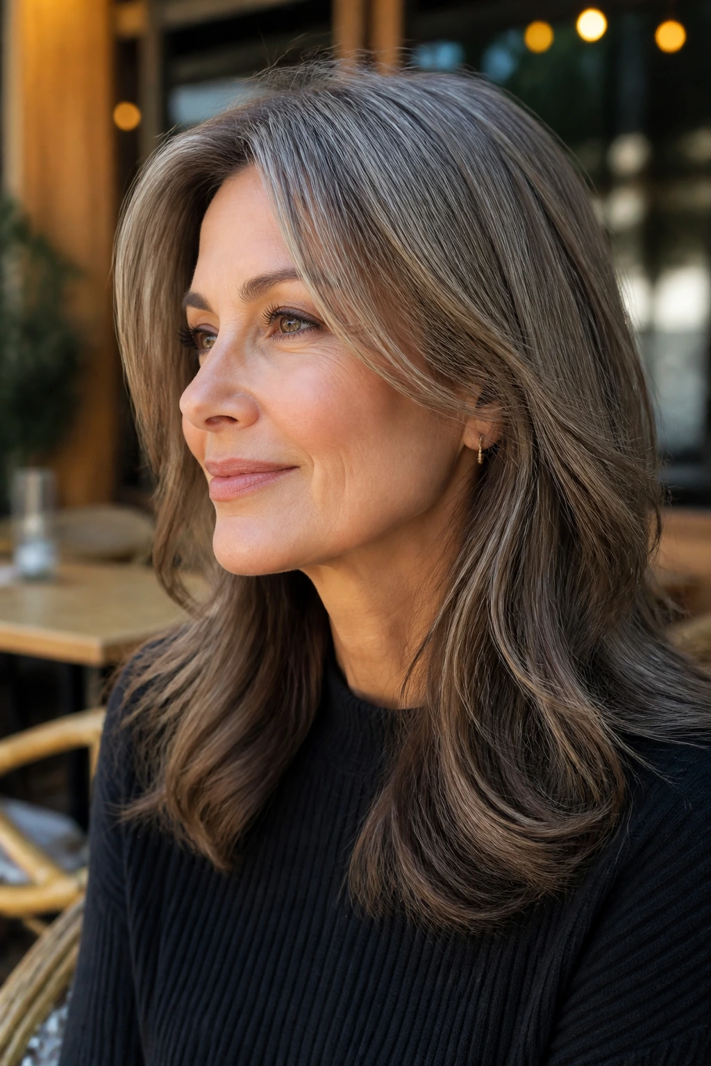Portrait of a woman with cool taupe mushroom brown hair and smoky lowlights