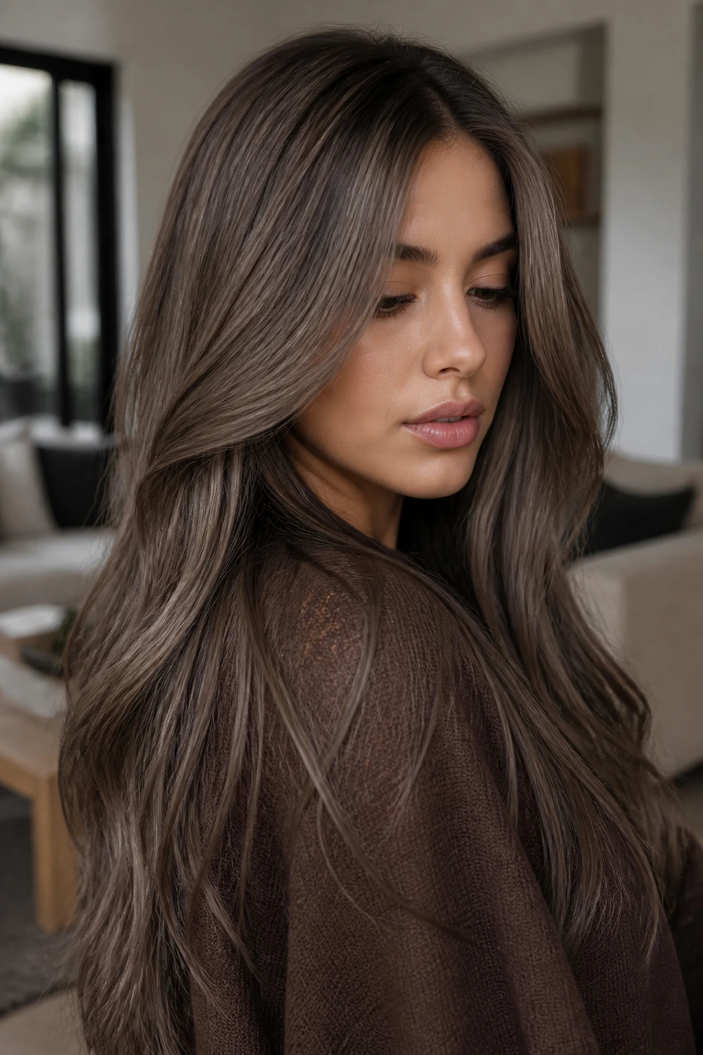 Close-up of mushroom brown cool-toned hair on a real person