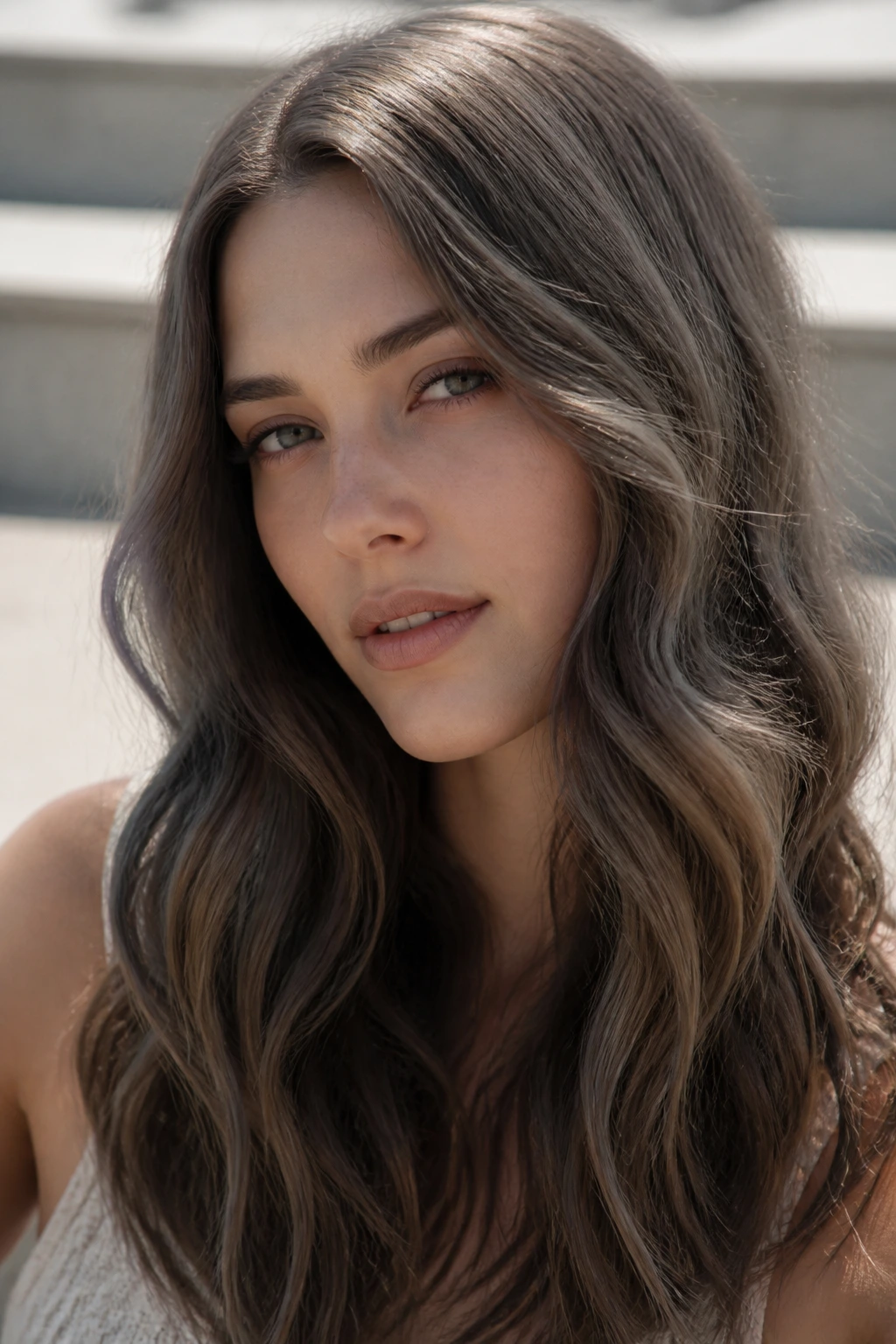 Close-up of mushroom brown hair with soft waves in natural light