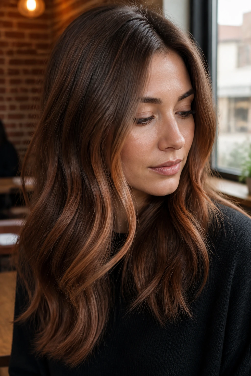 Portrait of a woman with mushroom brown base and copper ribbons in hair under cafe window light