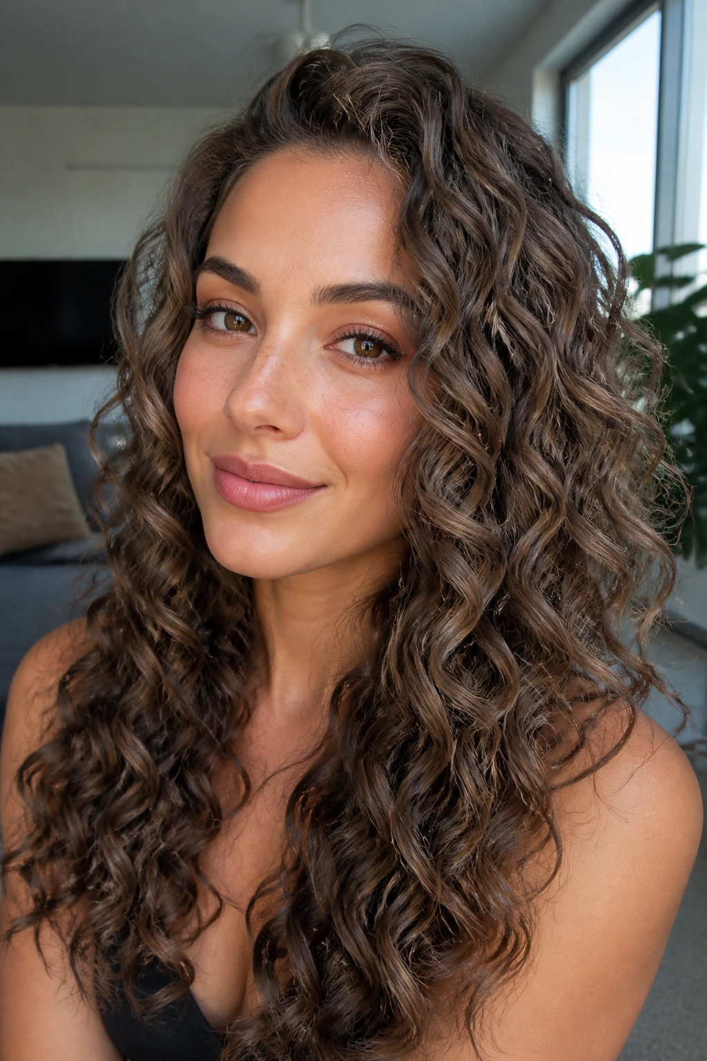 Close-up of cool-toned mushroom brown curls on a real person
