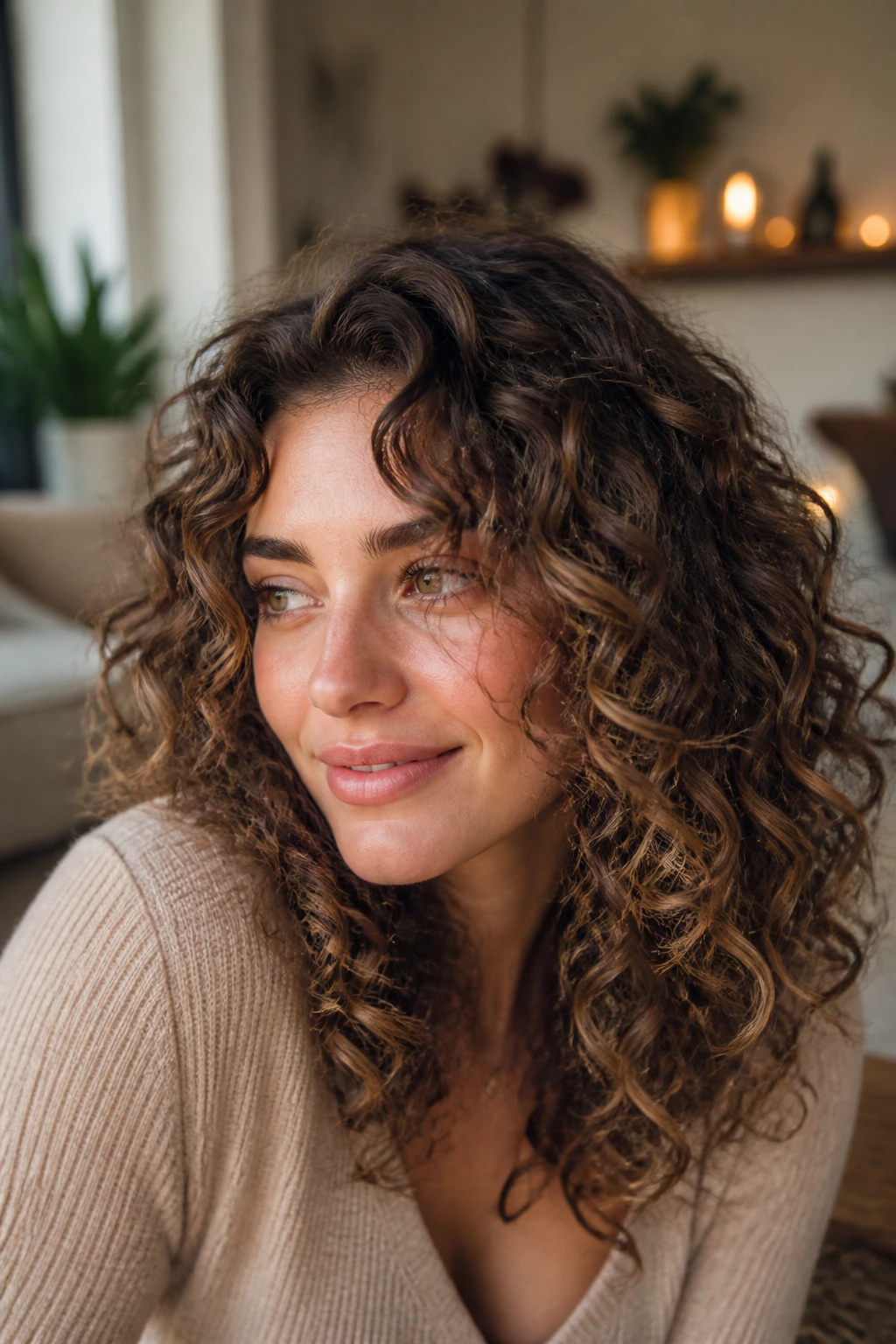 Taupe-beige mushroom brown babylights on brown curls