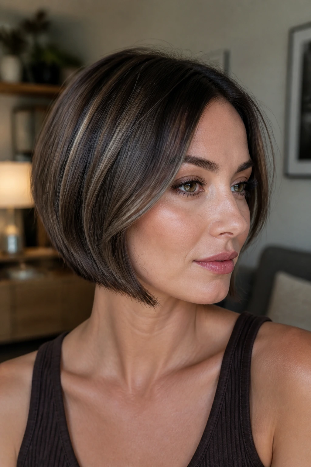 Close-up of a real woman's sleek chin-length bob showing mushroom brown dimension in soft indoor light