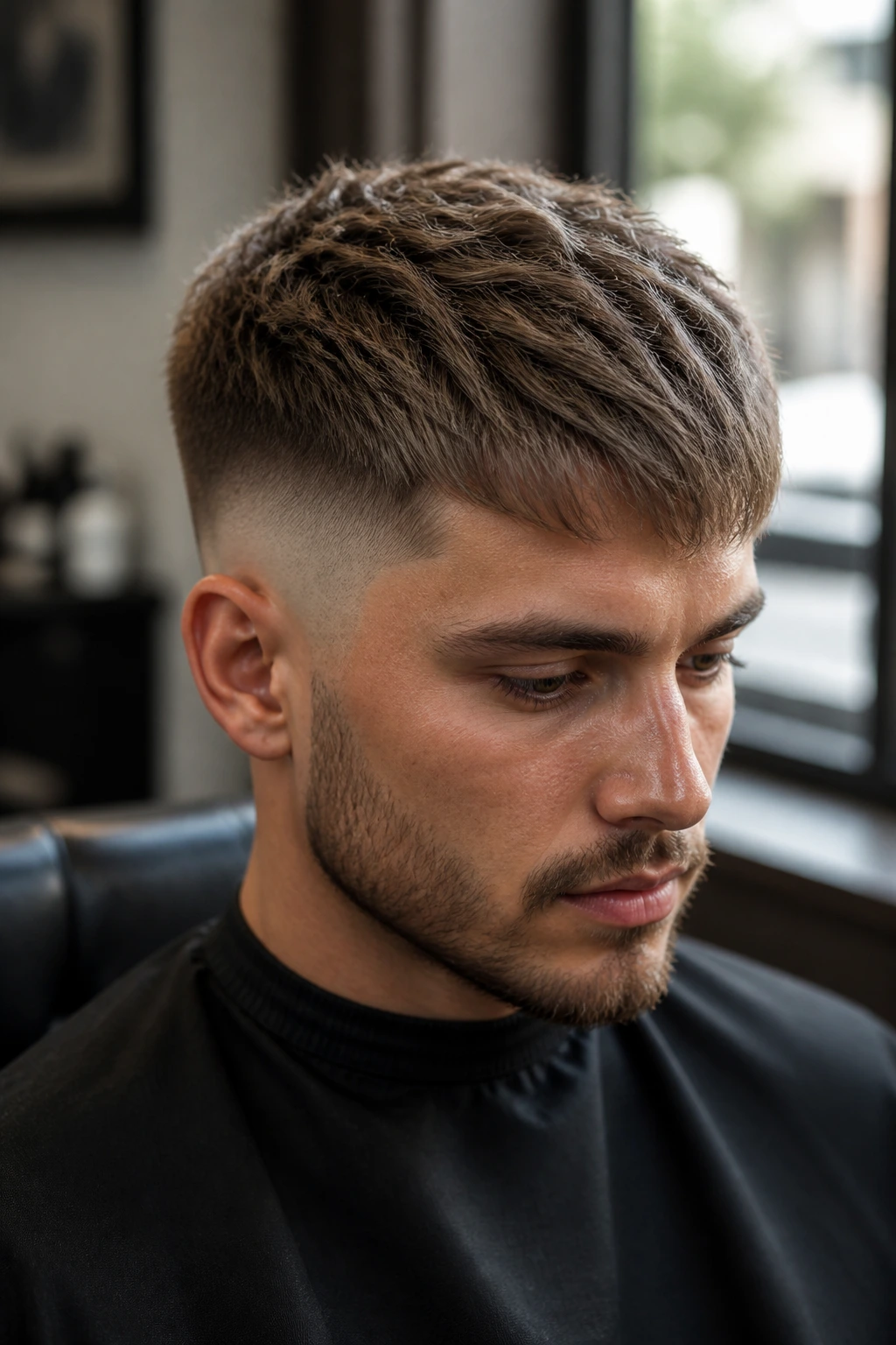 Man with mushroom brown fade hairstyle.