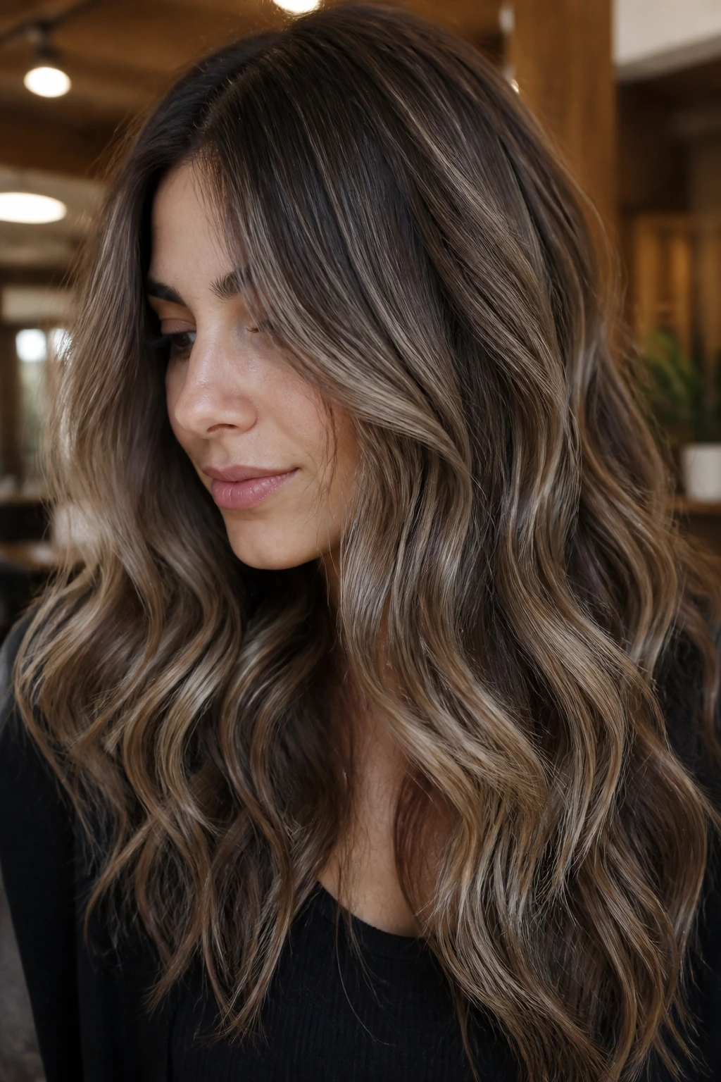 Close-up of mushroom brown foilayage with cool midlights on real person