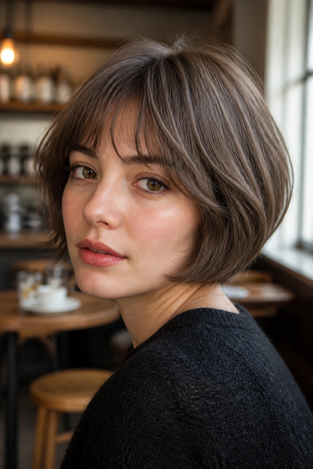 Close-up of mushroom brown French bob with soft movement