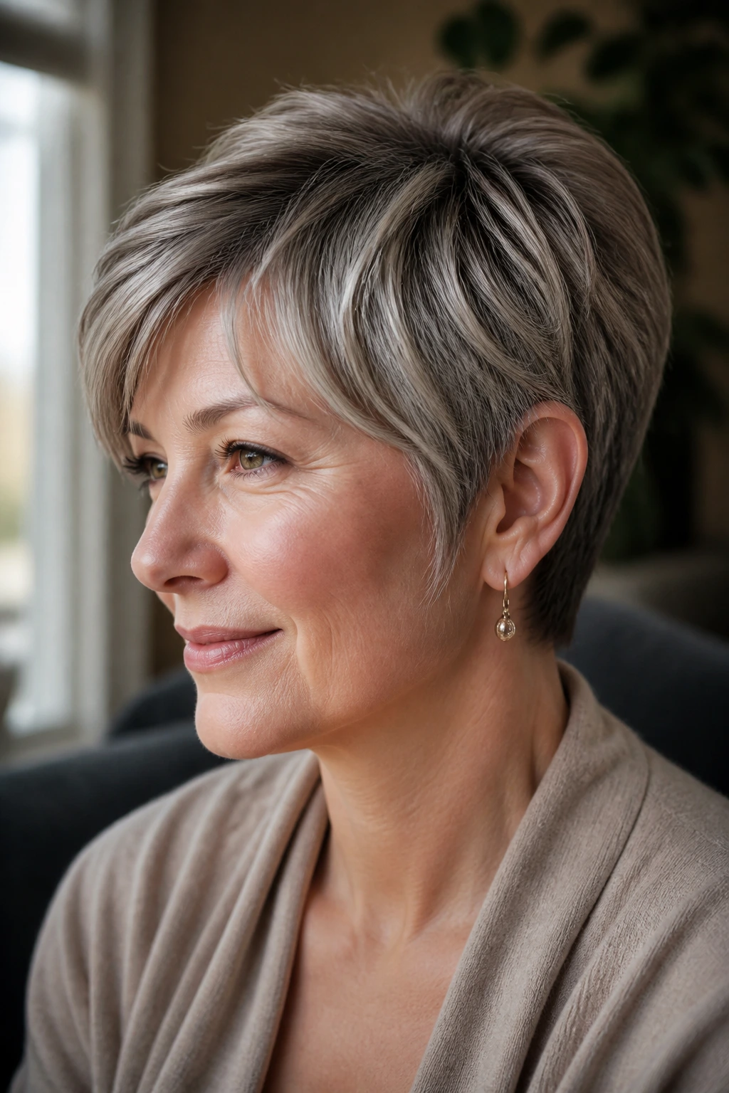 Portrait with mushroom brown-gray blend for wearable gray look