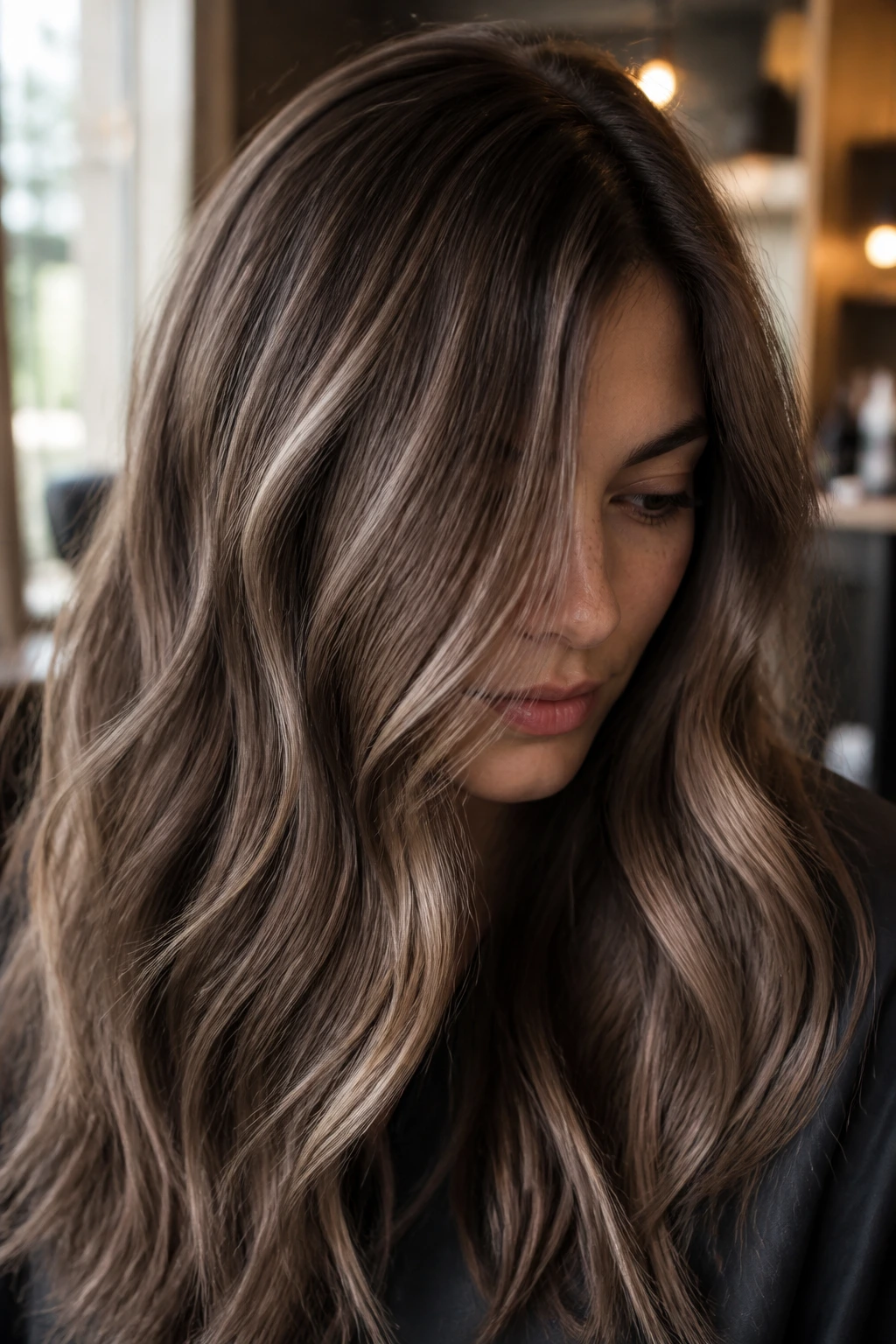 Portrait of a real woman with mushroom brown hair showing cool earthy tones.