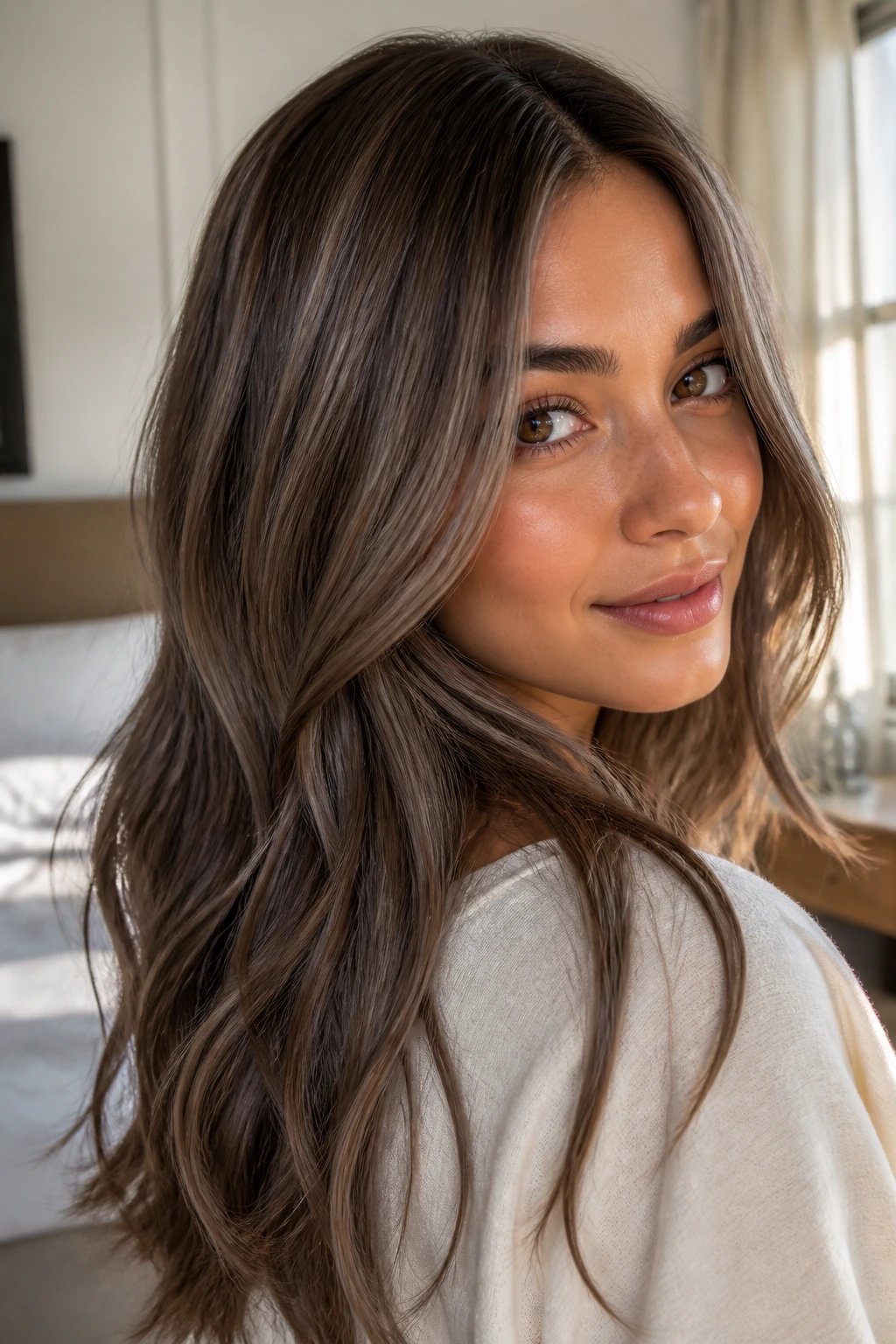 Close-up portrait of a real woman with mushroom brown hair in taupe, smoky neutral shade