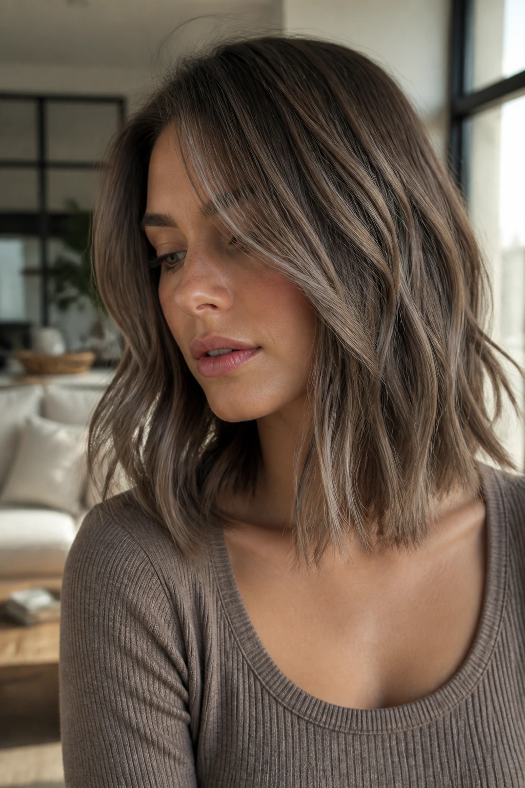 Portrait of a real woman with mushroom brown dimension on shoulder-length hair.