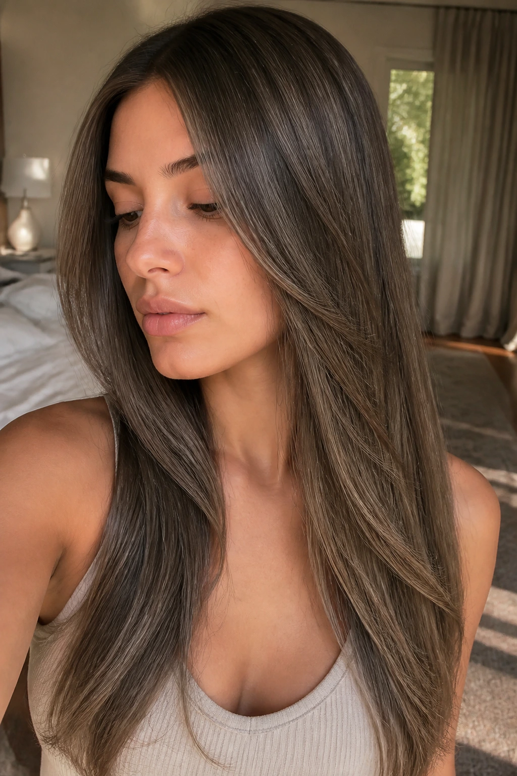 Close-up of real woman with mushroom brown dimension hair showing depth from lowlights in sunlit bedroom