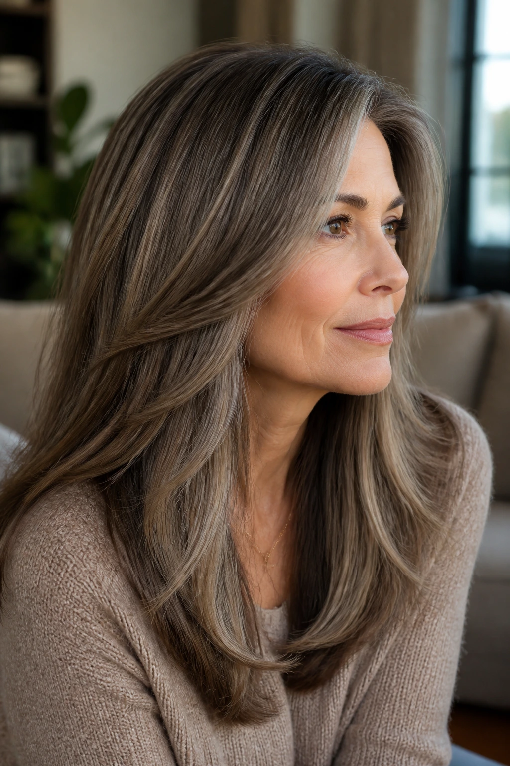 Close-up of a real woman with mushroom brown dimension hair featuring cool ash taupe beige tones.