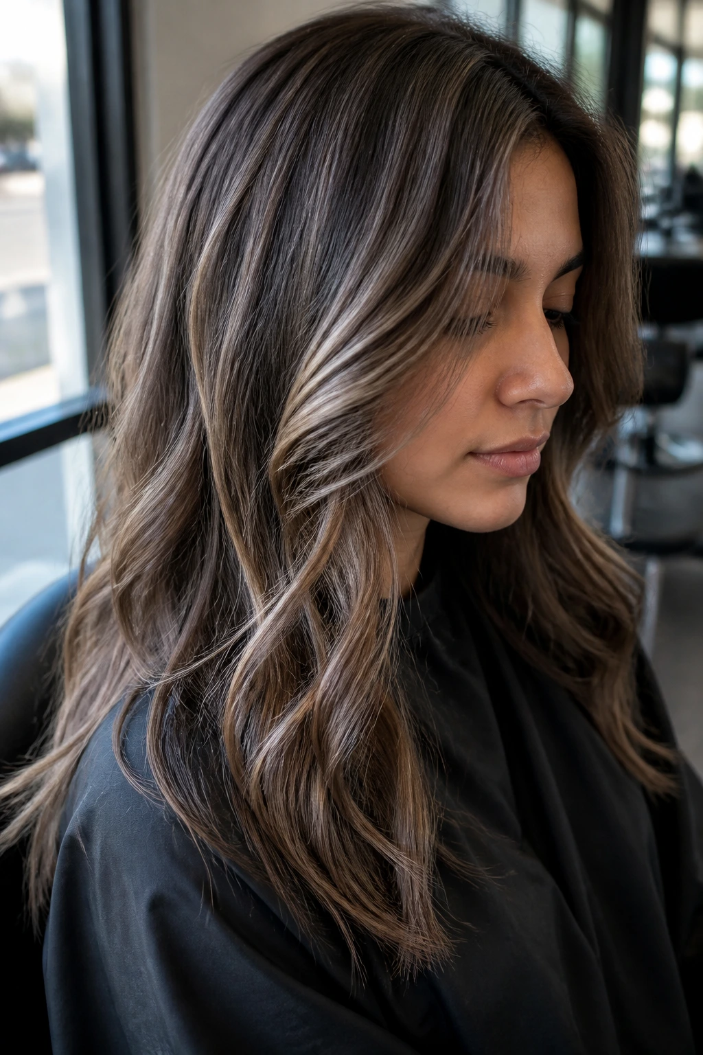 Close-up of brunette with mushroom brown highlights in cool gray-brown tones
