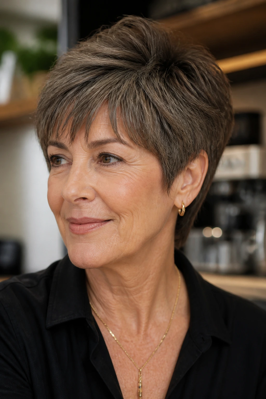 Portrait of a real woman with mushroom brown layered crop showing cool tones and texture