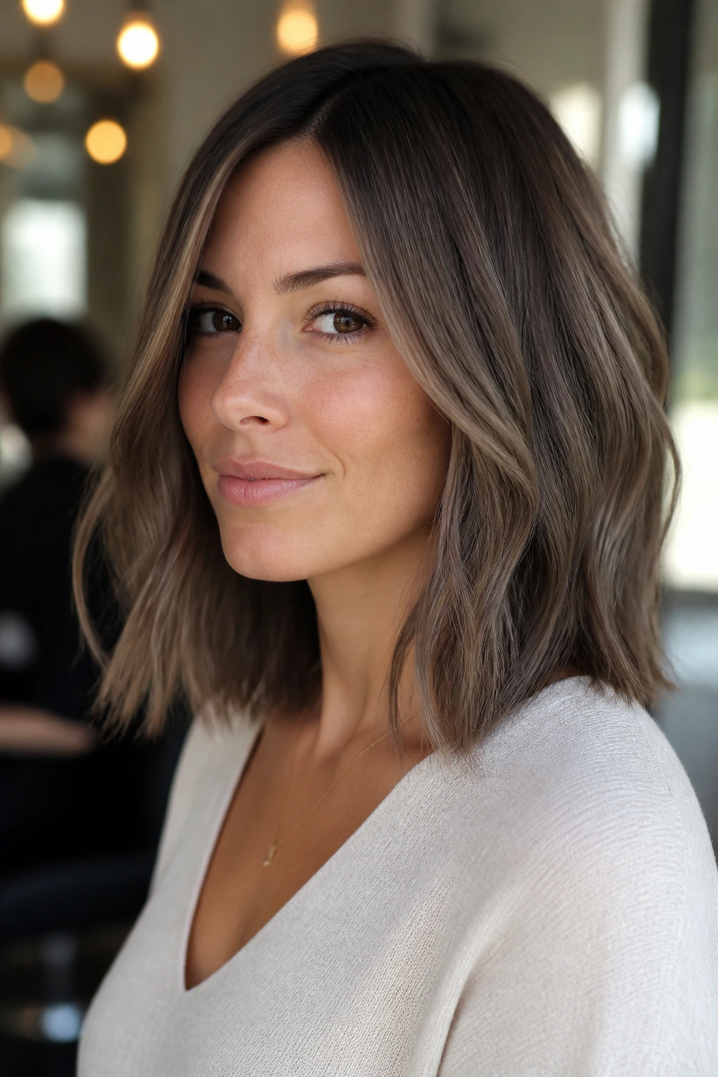 Close-up of cool taupe-brown mushroom lob on a real person.