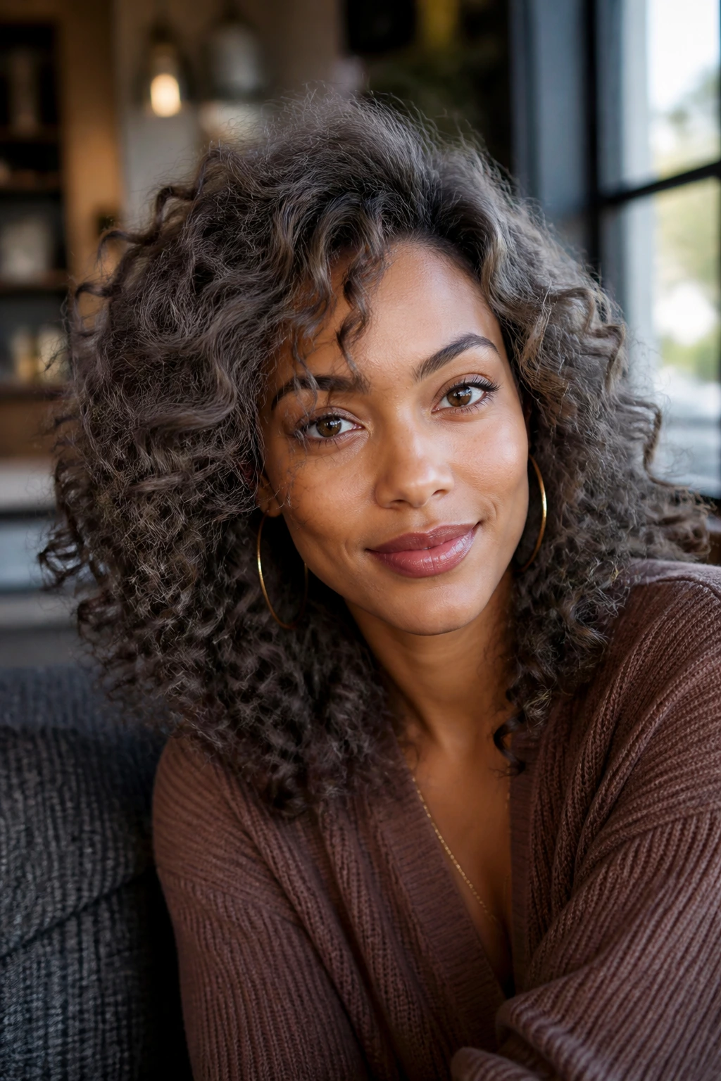 Close-up portrait of loose curls in mushroom brown shade