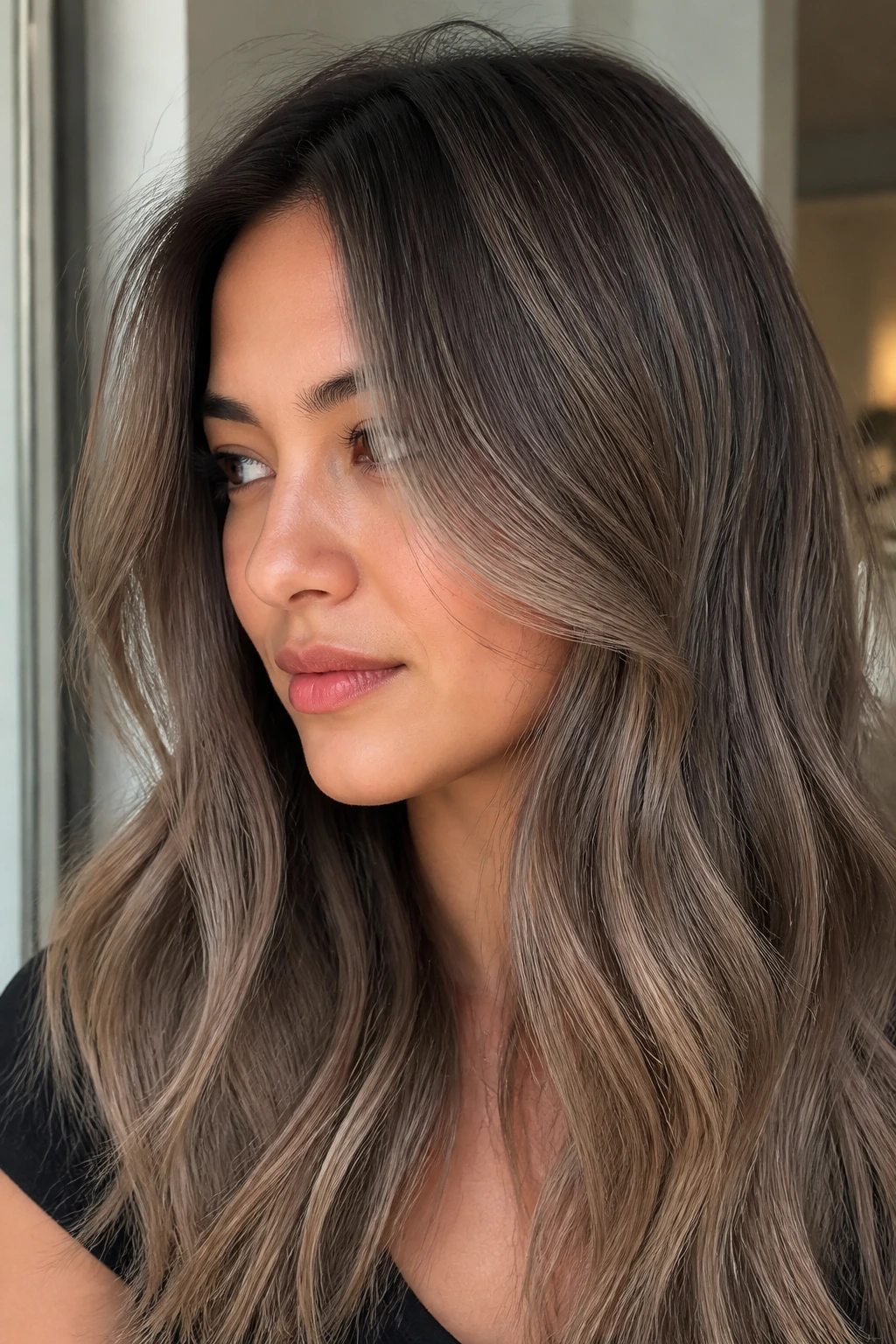 Close-up of a woman with mushroom brown hair and root shadow, cool taupe tones in natural light