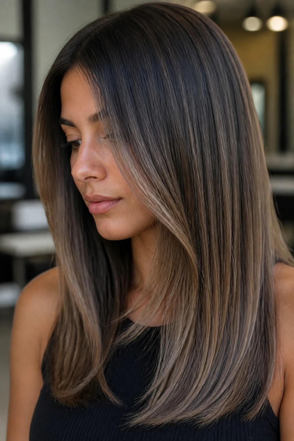 Close-up of mushroom brown melt balayage on straight hair