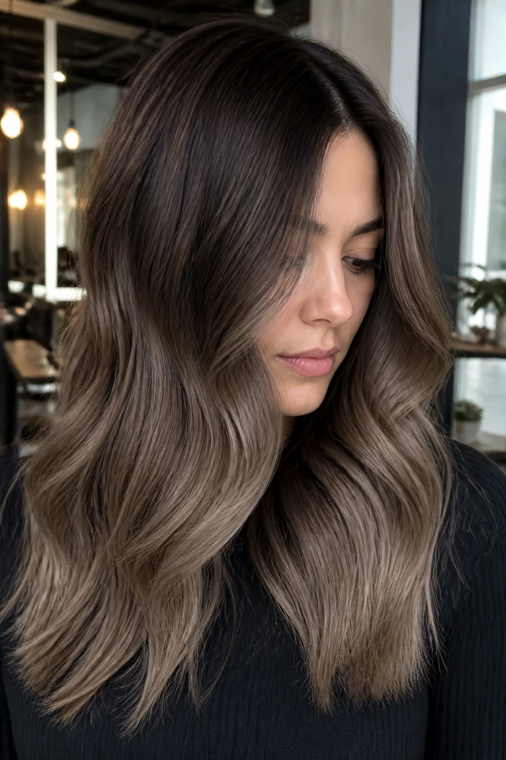 Close-up portrait of a real woman with a cool smoky mushroom brown melt in natural window light
