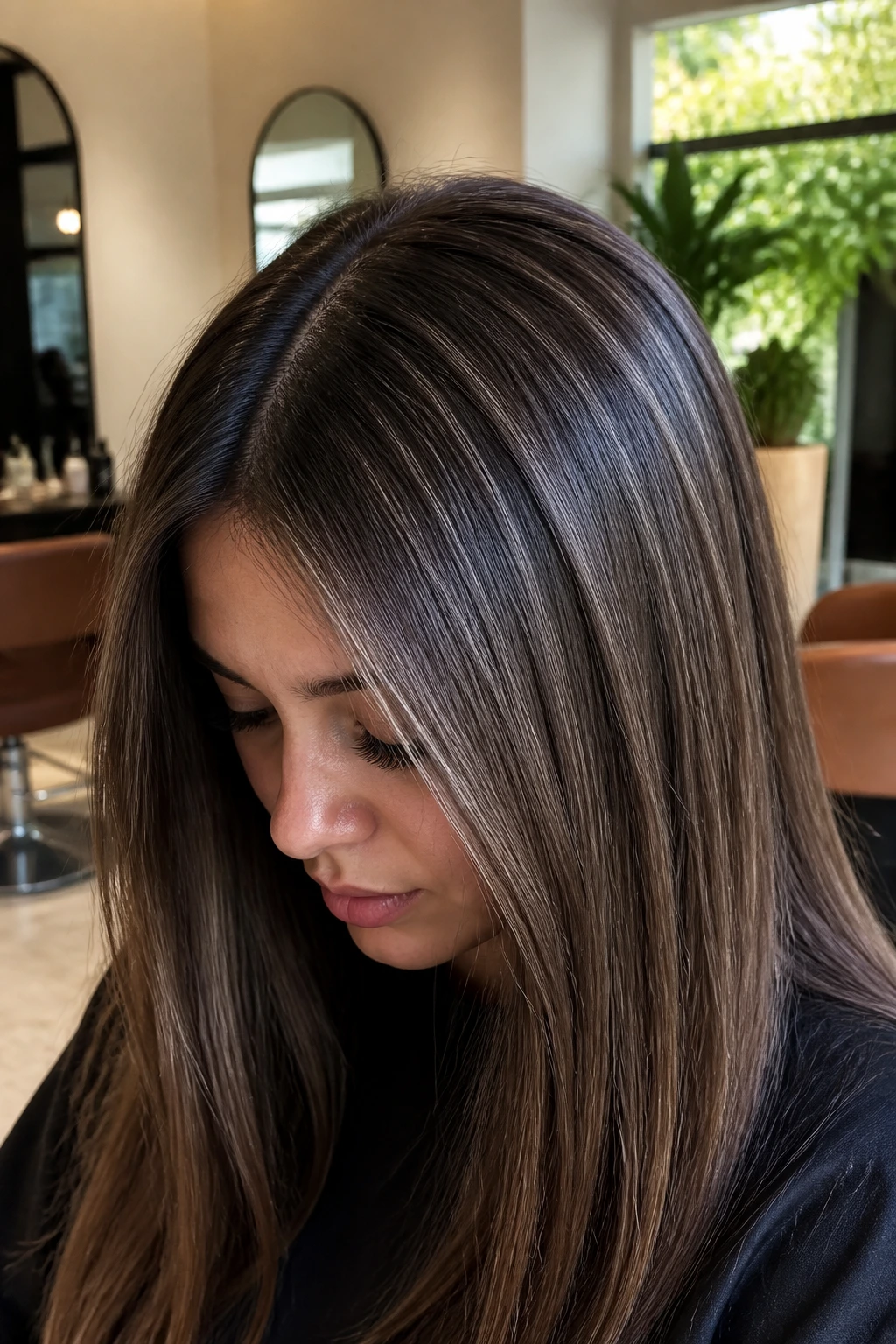 Taupe mushroom brown micro-lights on straight brunette bob