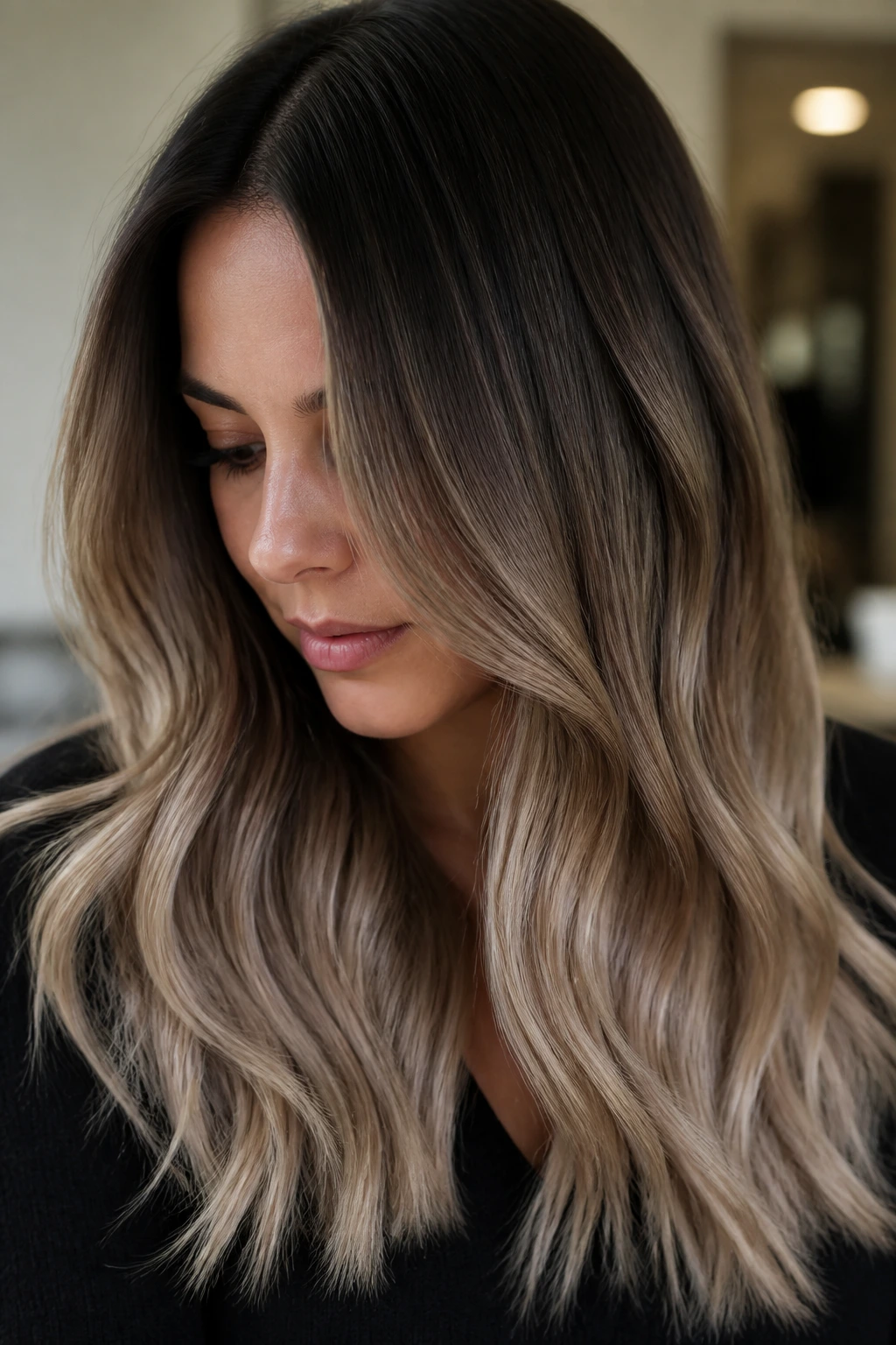 Real woman with mushroom brown ombre in a chic indoor setting