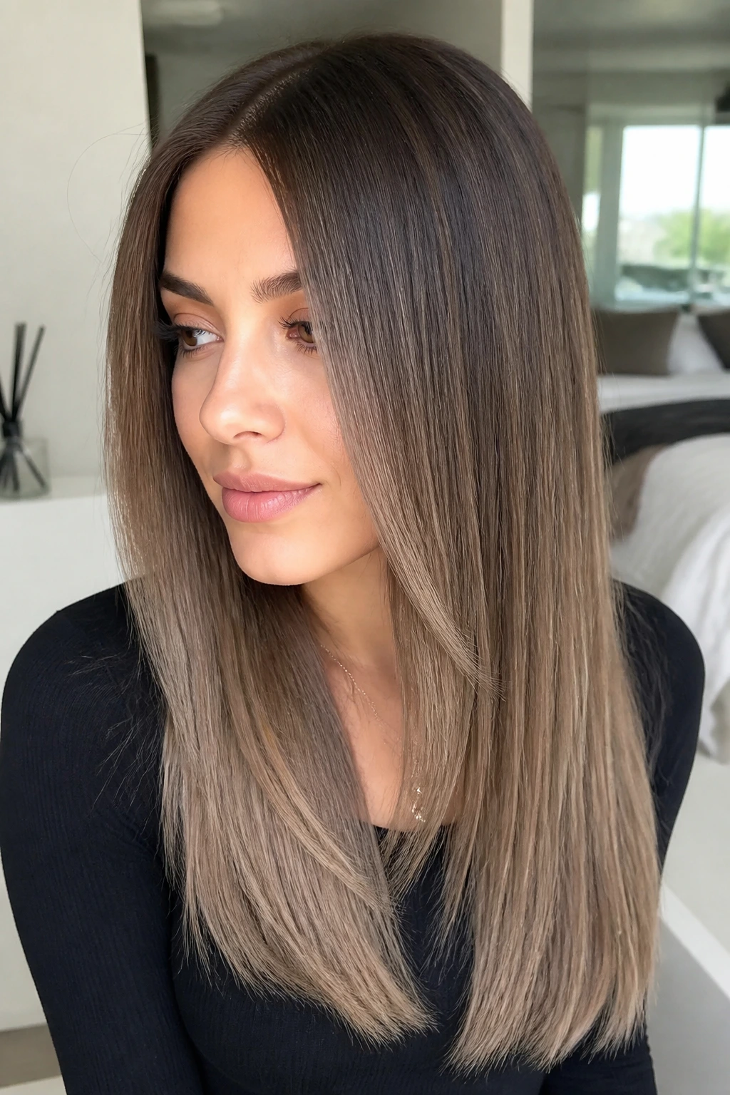 Real person with straight hair showing mushroom brown ombre