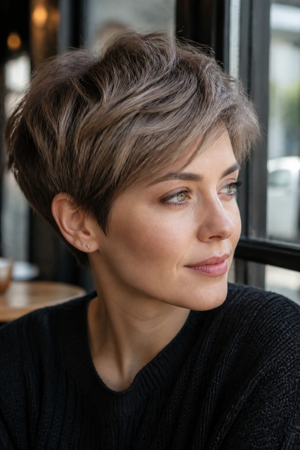 Pixie cut mushroom brown with ash beige tones on a real person