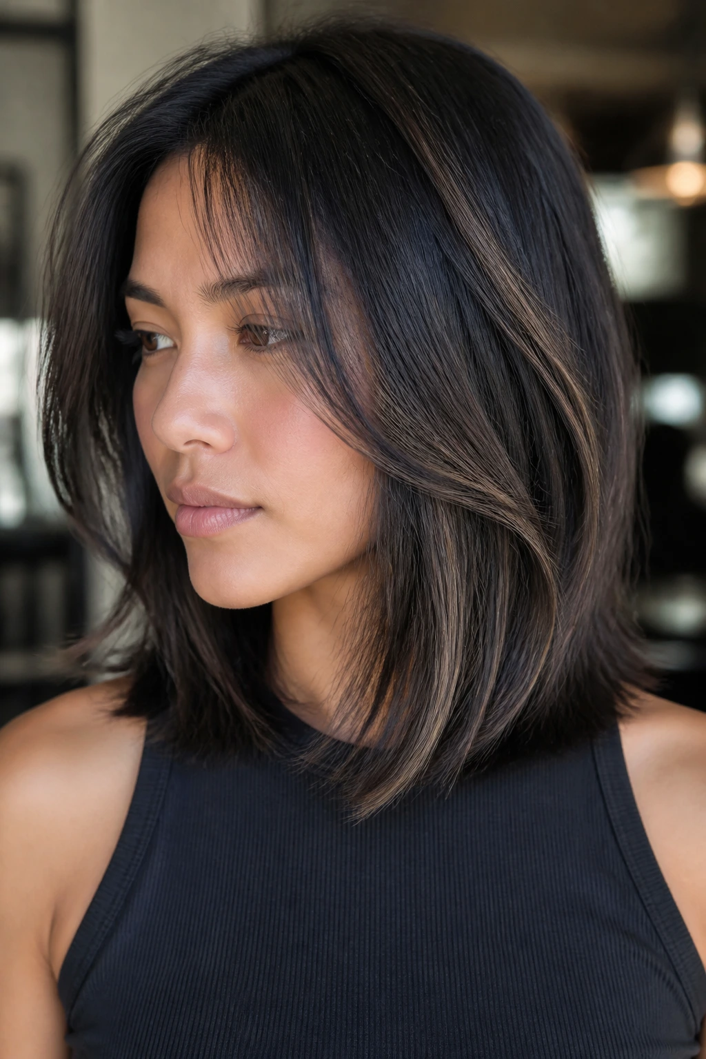 Close-up of a real woman with shoulder-length layered hair showing mushroom brown ribbons through the outer layer