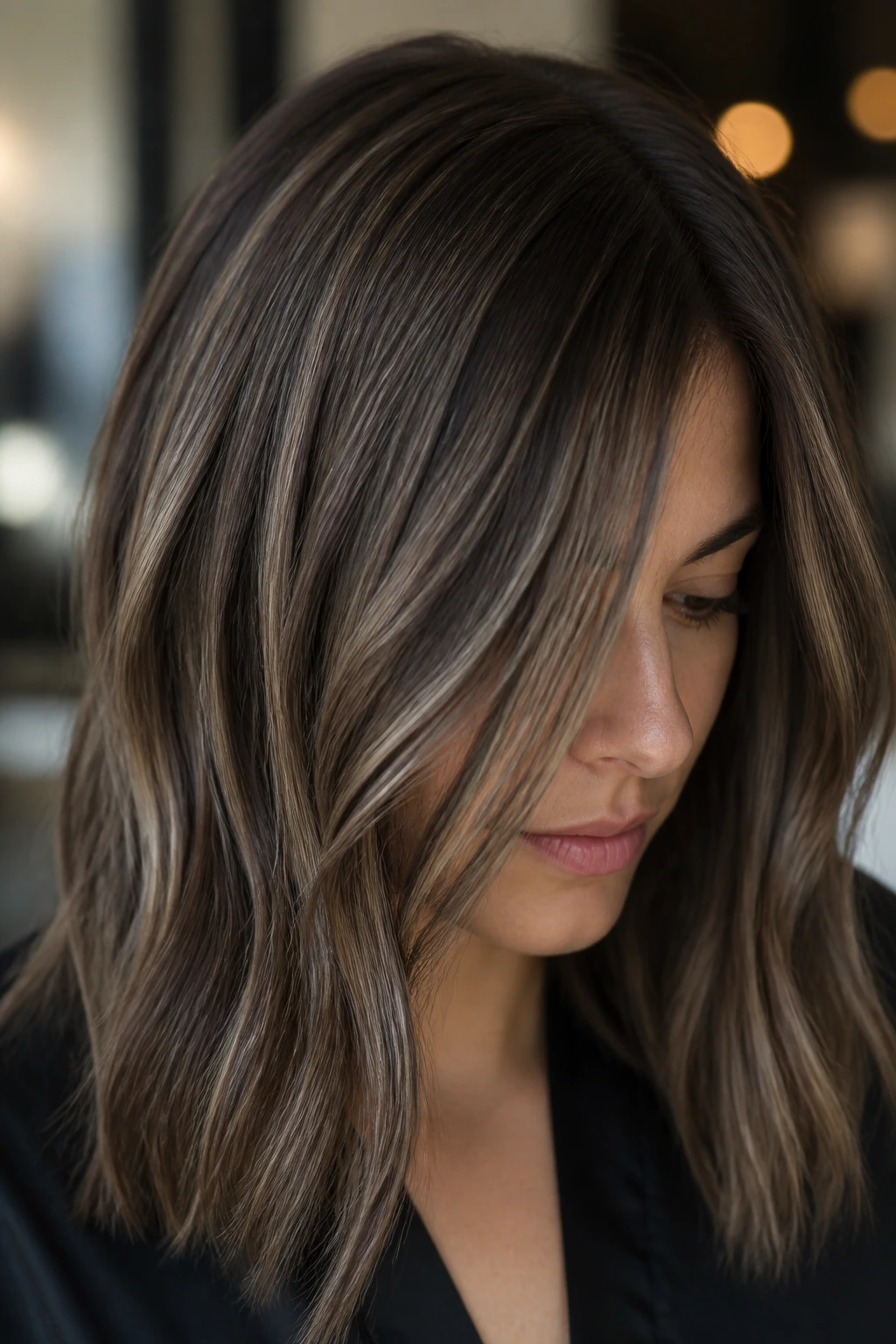 Mushroom brown ribbons through mid-lengths on brunette hair