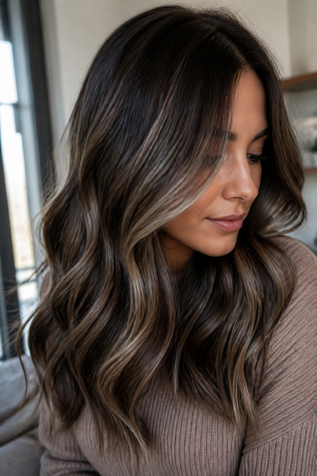 Close-up of a brunette with mushroom brown ribbons in hair, natural window light.