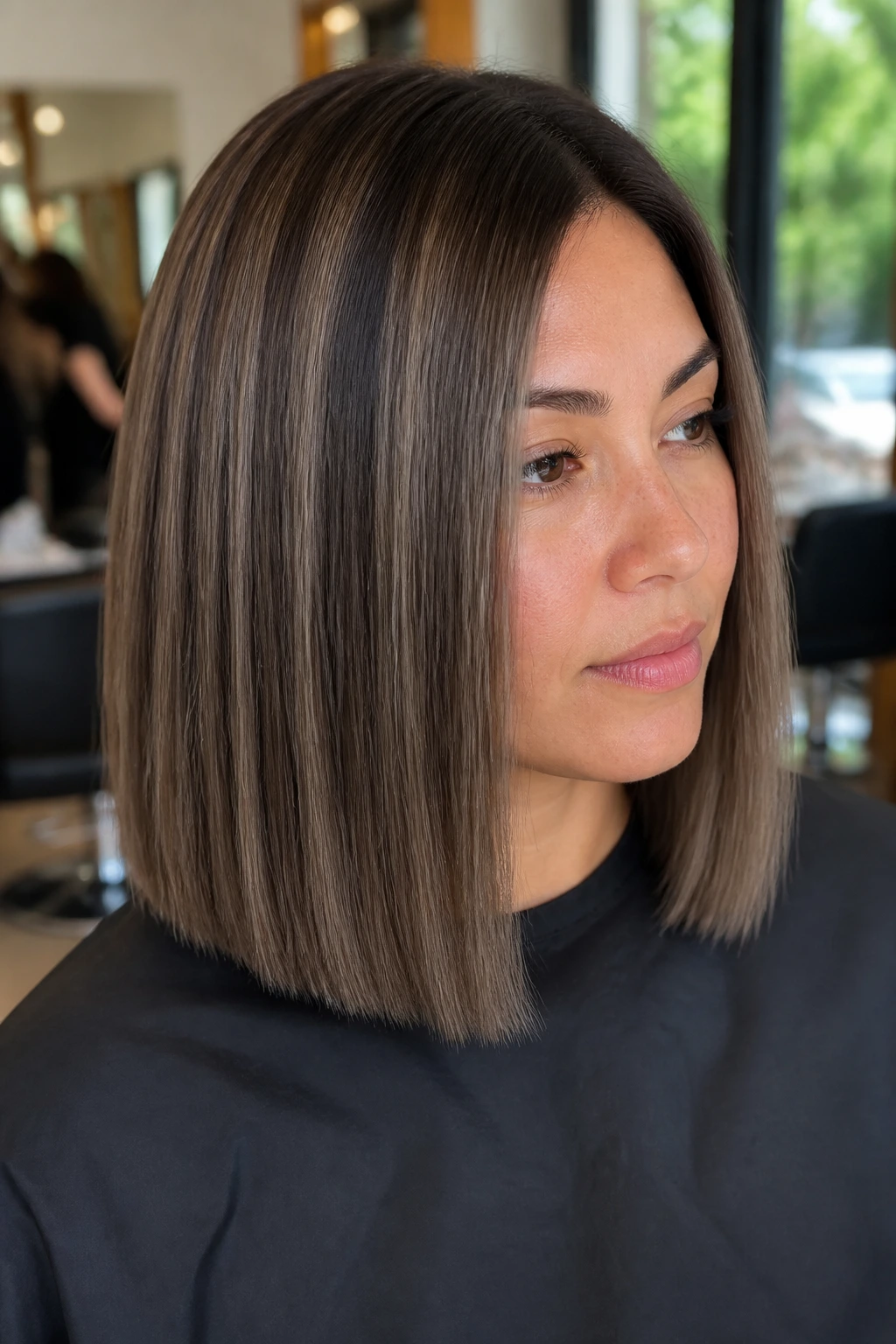 Close-up of real woman with mushroom brown ribbons woven through straight hair for cool depth