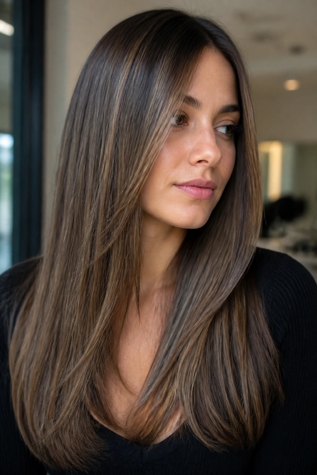 Real woman with mushroom brown ribbons in straight hair