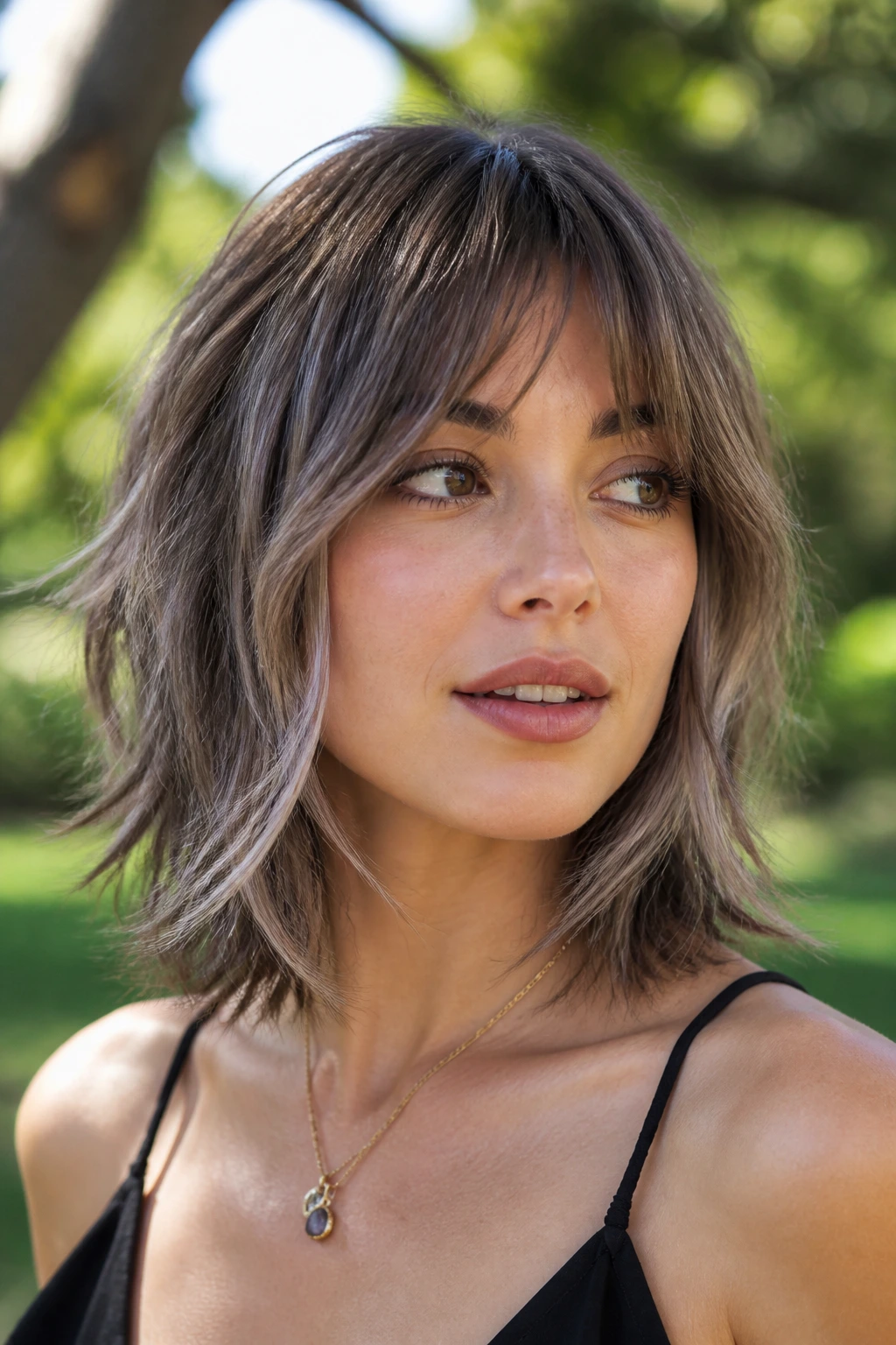 Portrait of a real woman with mushroom brown shag balayage in park setting.