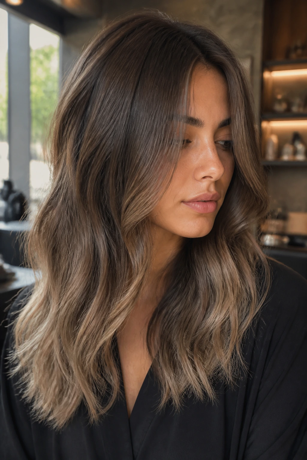 Portrait of a real woman with mushroom brown hair and sun-faded ends