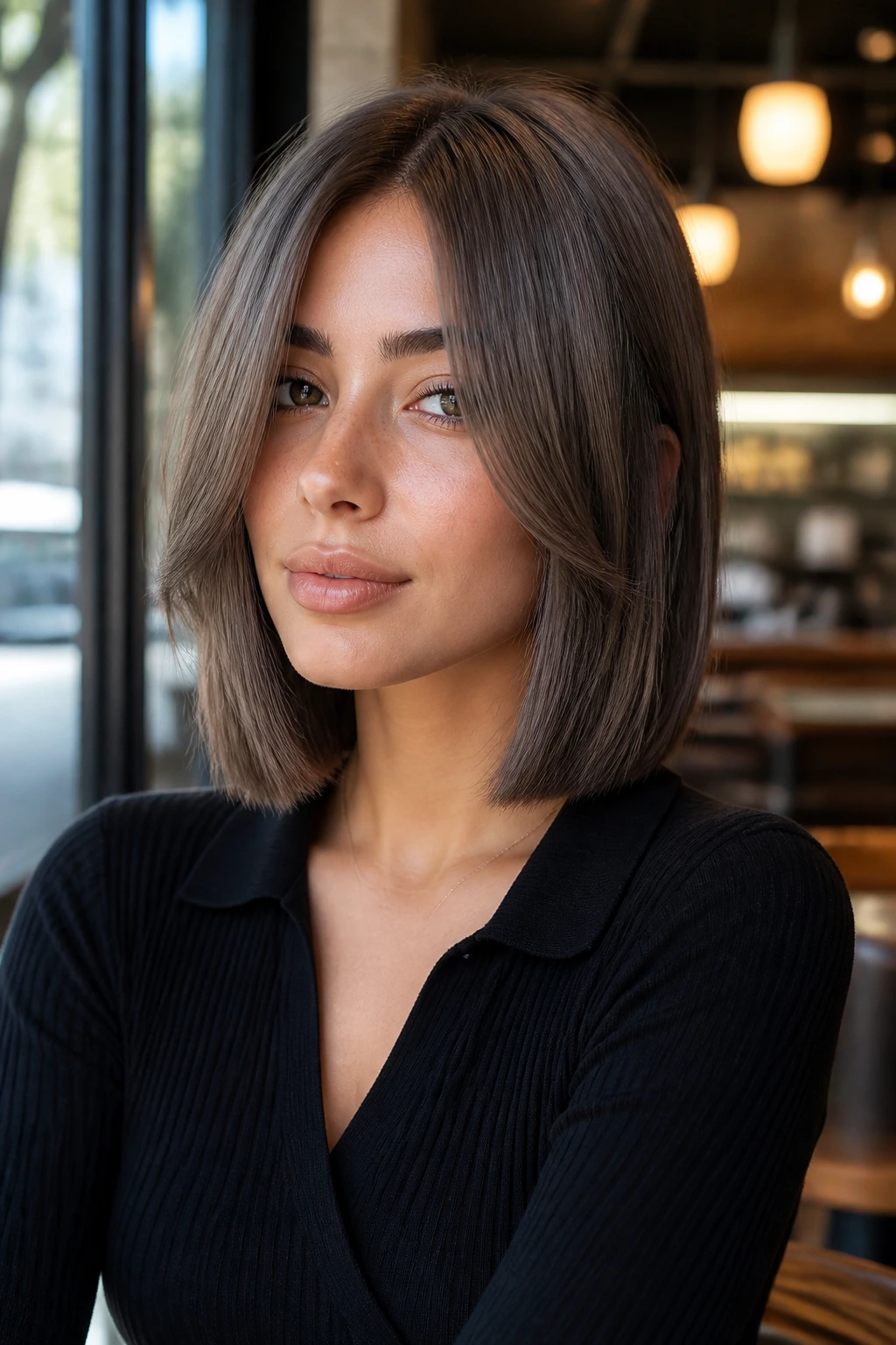 Close-up of a woman with mushroom brown hair in a blunt bob
