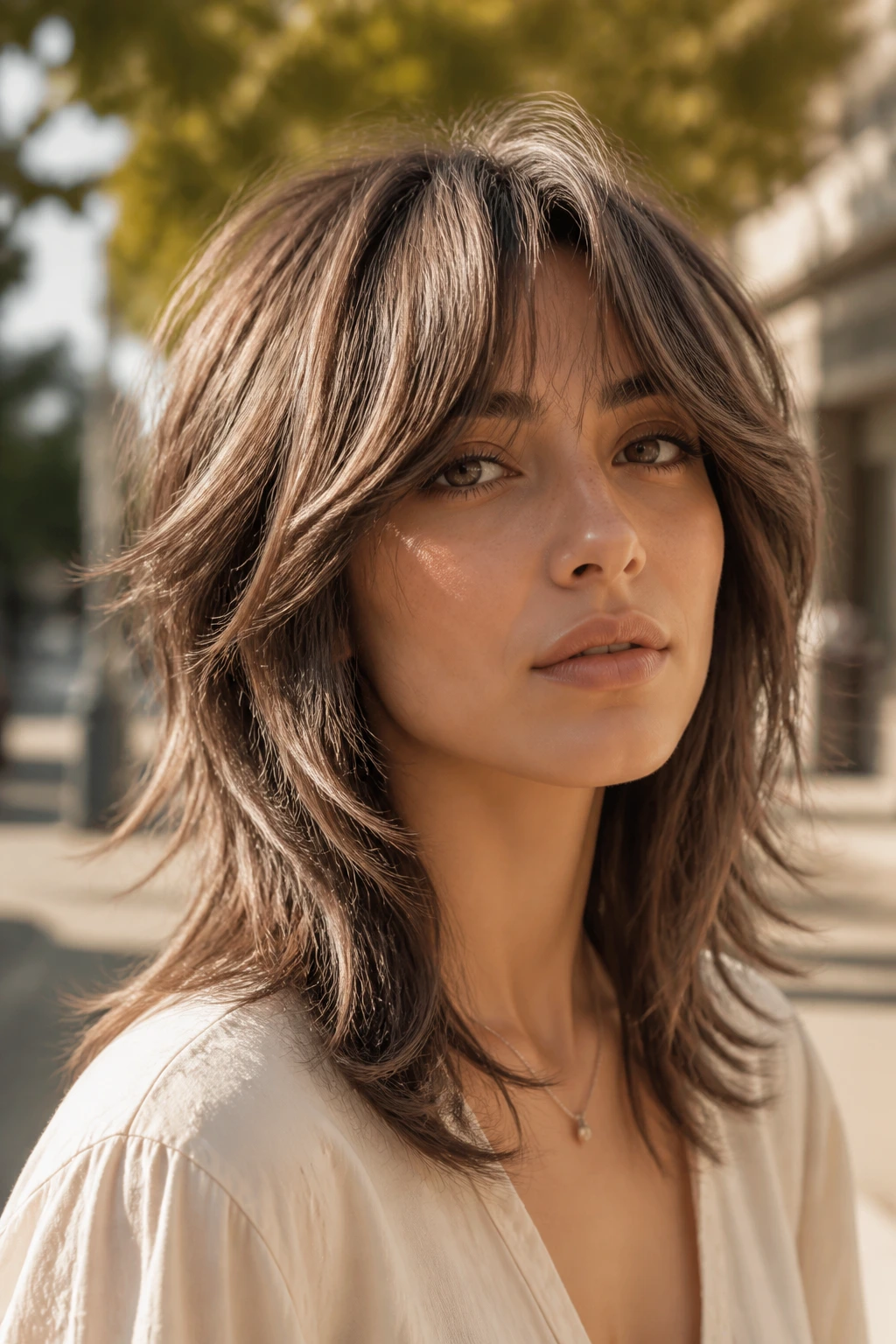 Close-up portrait of a real woman with mushroom brown wolf cut feathered ends