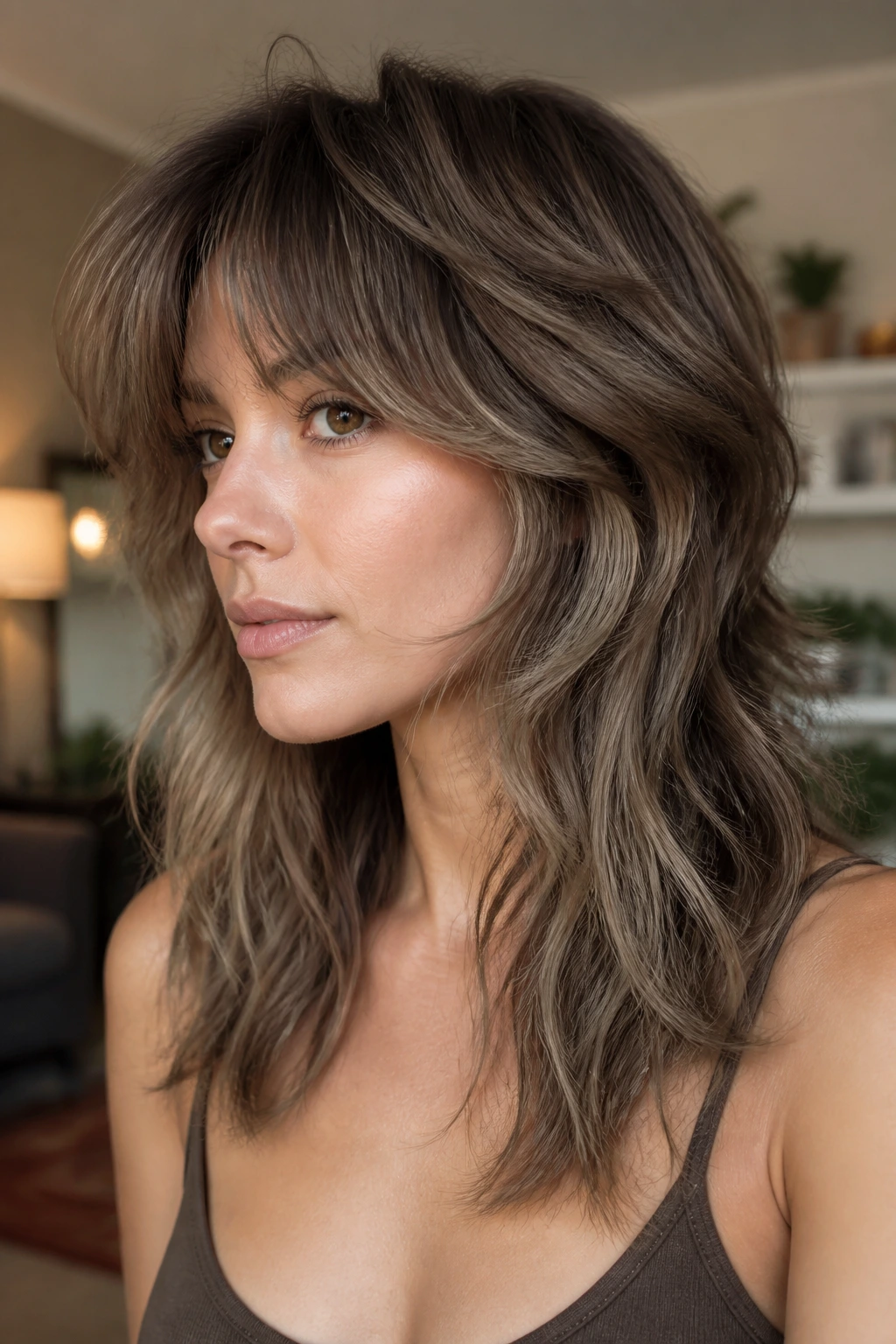 Close-up portrait of a real woman with mushroom brown wolf cut and smoky beige peekaboo highlights