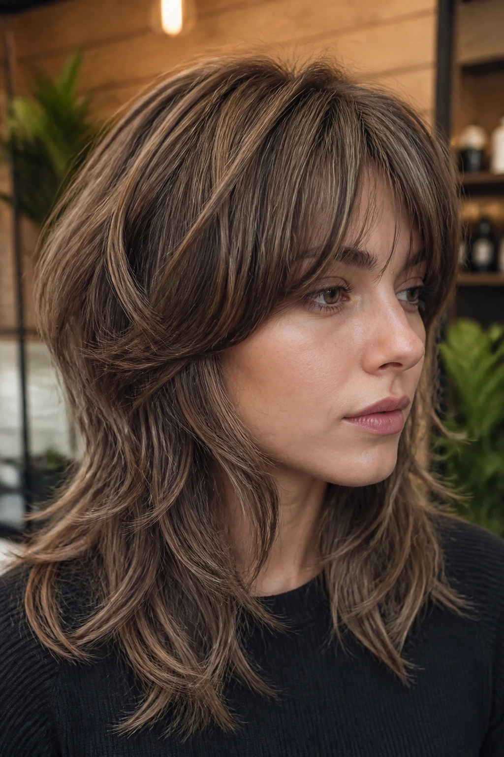 Close-up portrait of a real person with mushroom brown wolf cut and fine babylights.