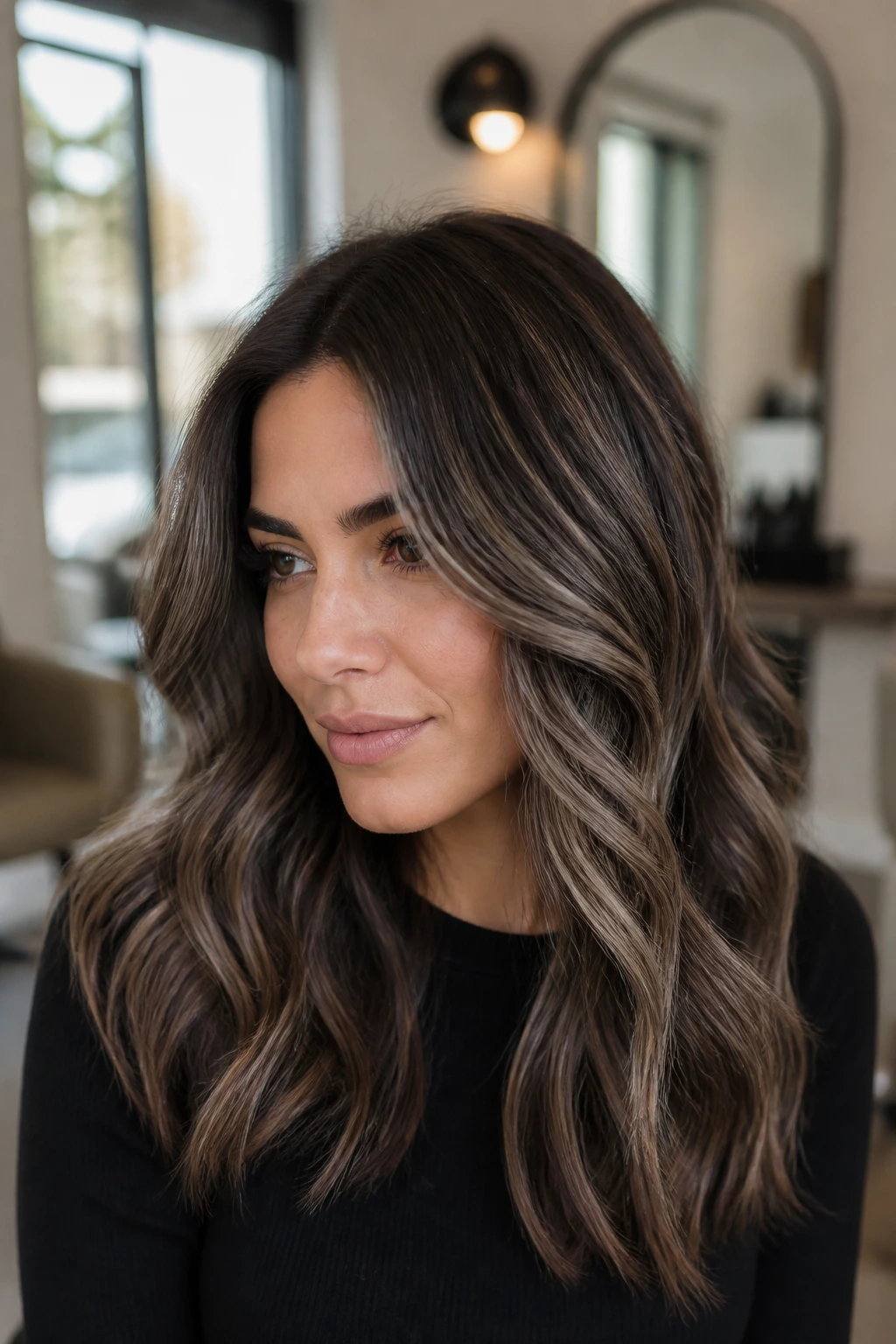 Close-up of a real woman showing mushroom brunette balayage with taupe tones