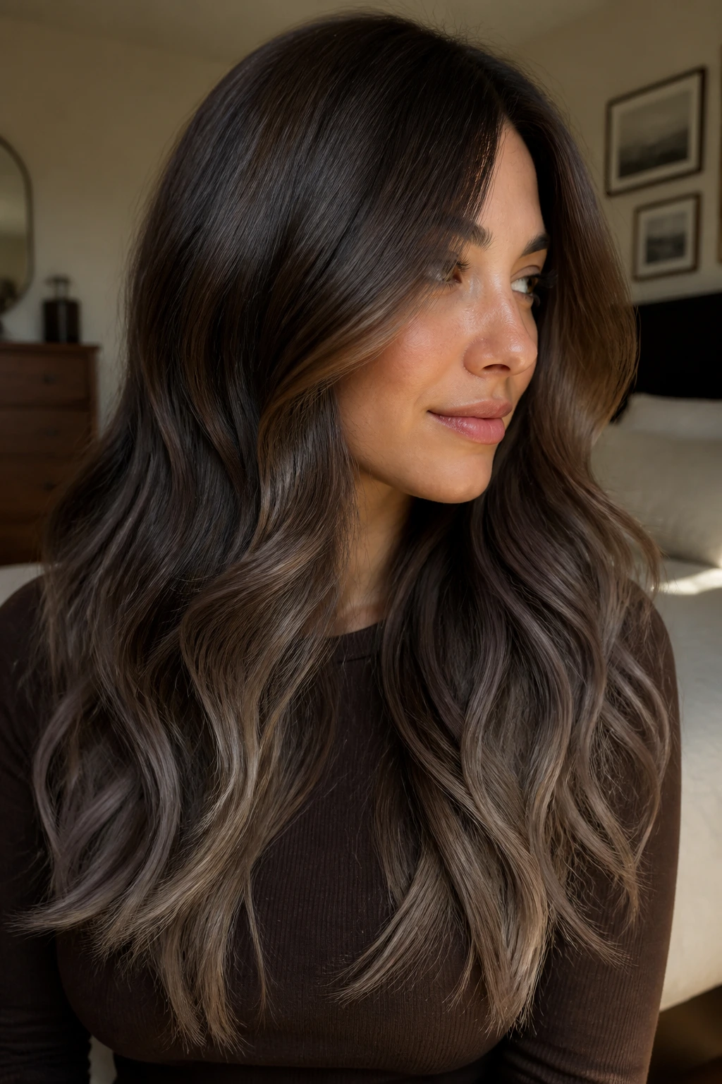 Close-up portrait of a real woman with mushroom brunette hair and cool ash ends