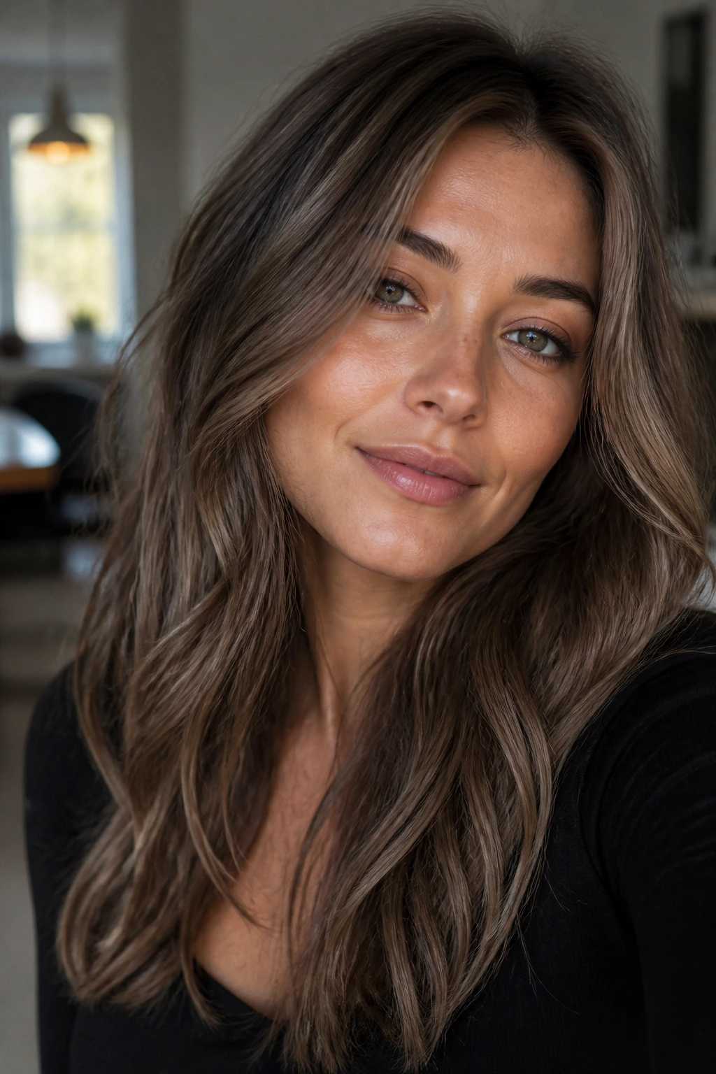Close-up of a real woman with mushroom brunette shade and soft shadow roots