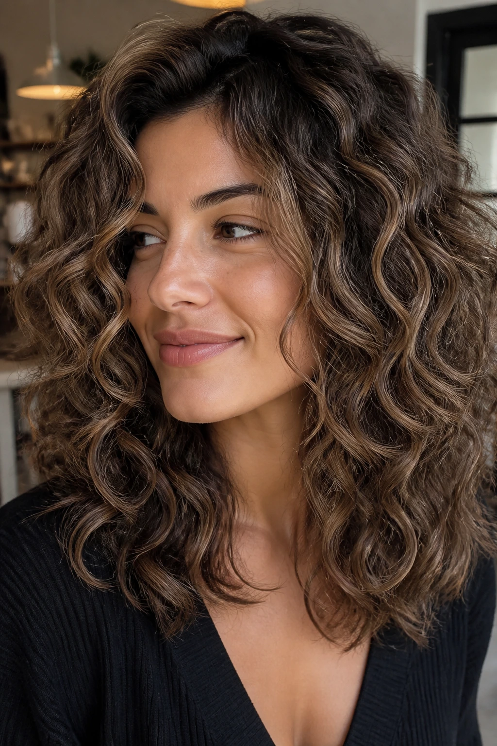 Close-up of curly hair with mushroom brunette glow on a real person