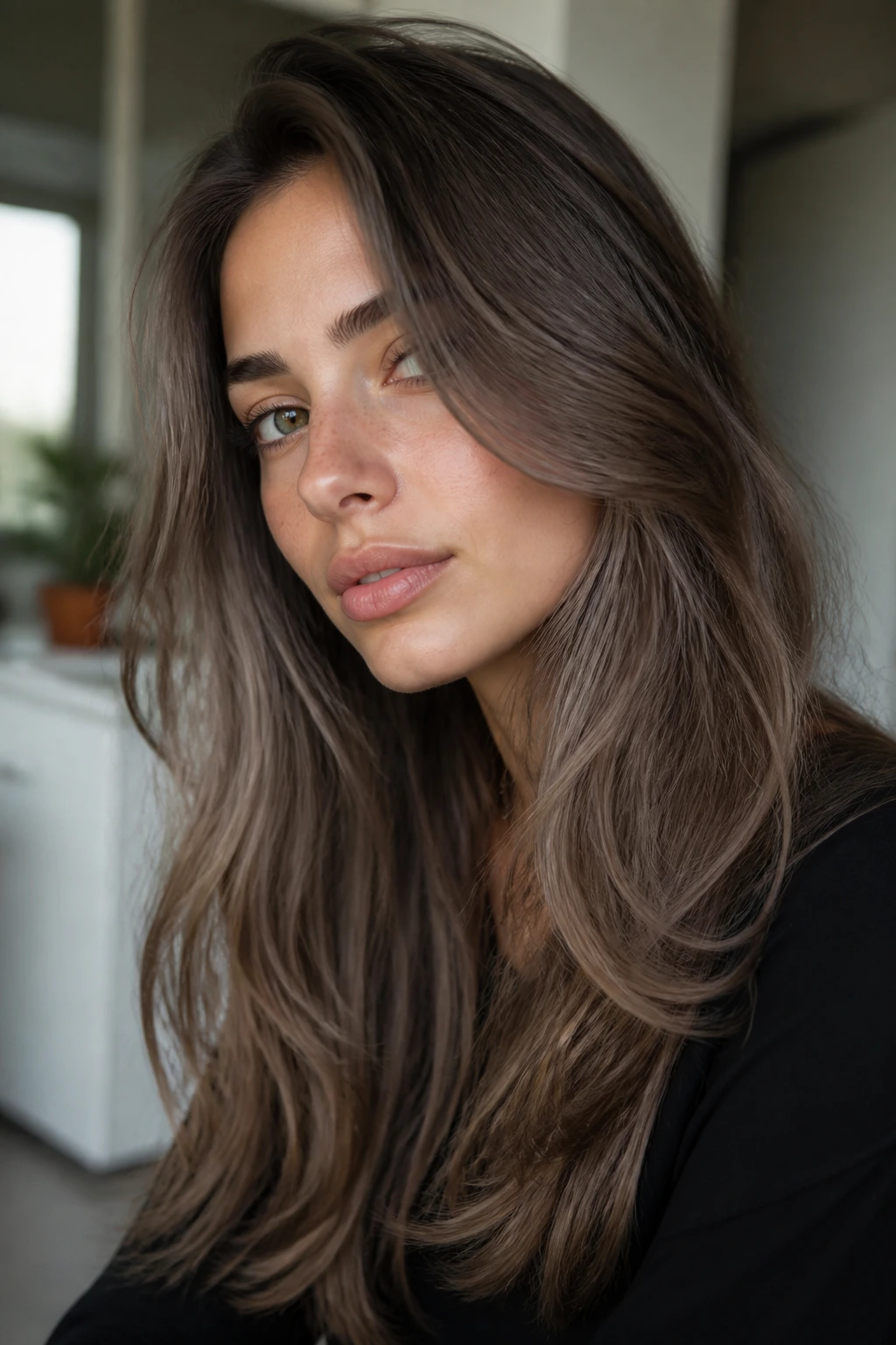Portrait of a real woman with cool mushroom brunette hair in soft matte-satin finish