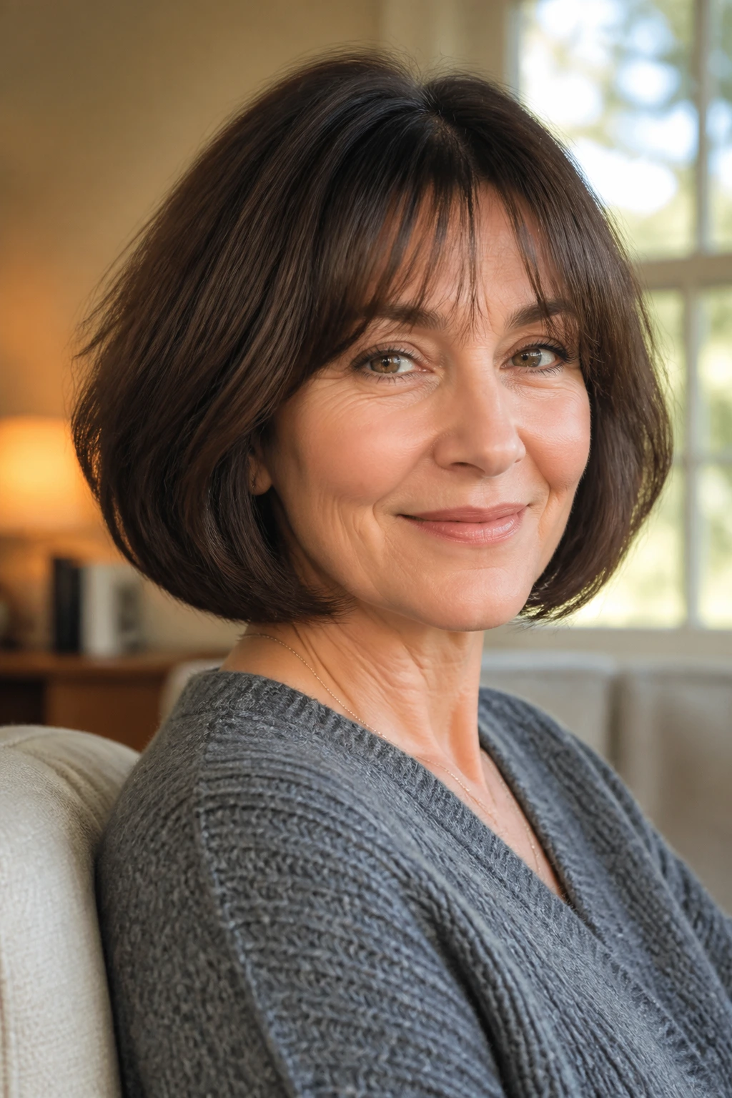 Close-up of a real woman with mushroom brunette midi cut and airy bangs.