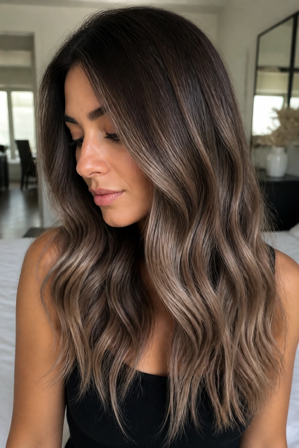 Real person with mushroom brunette ombre from dark root to beige ends
