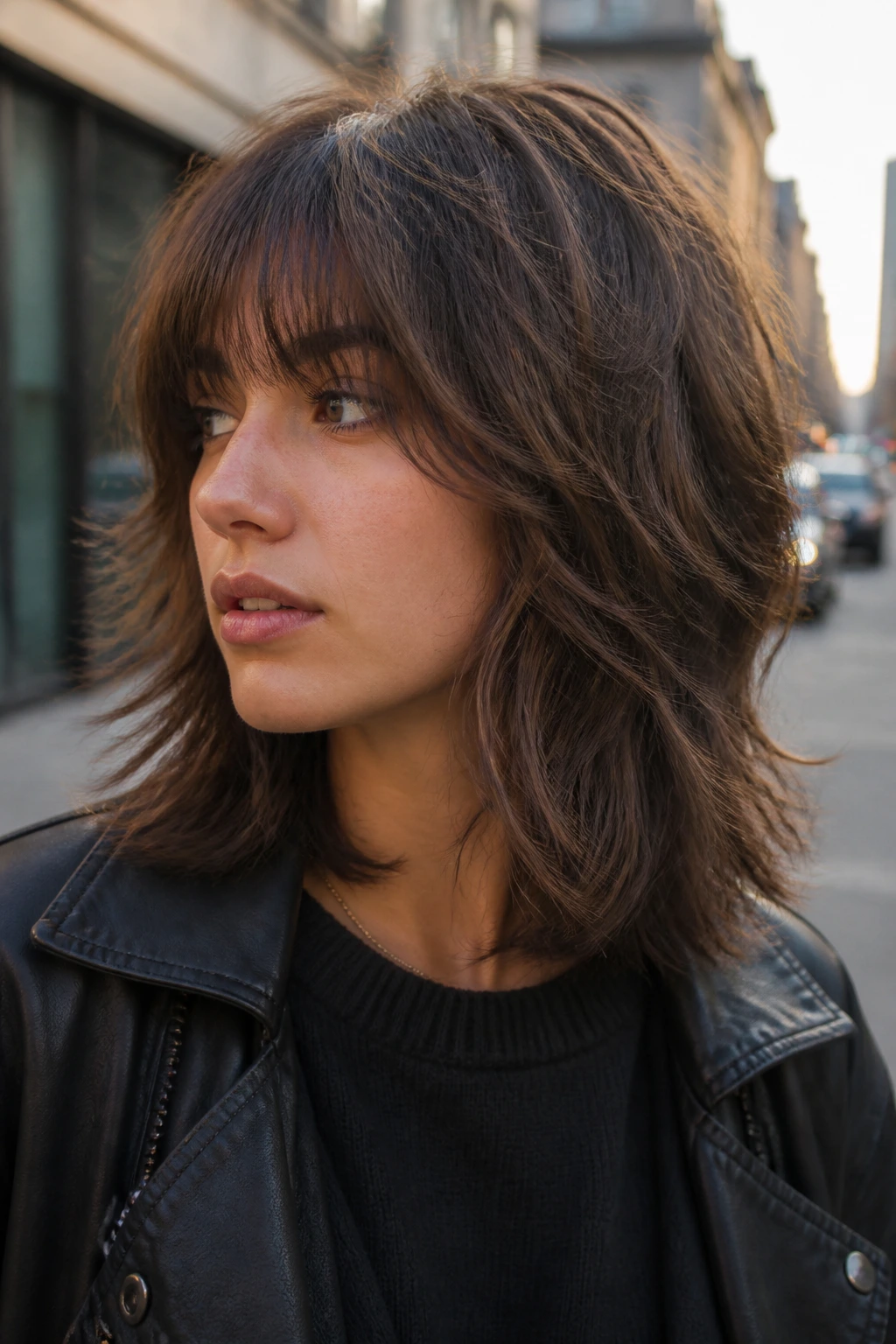 Portrait of a real woman with mushroom brunette shag and feathered layers
