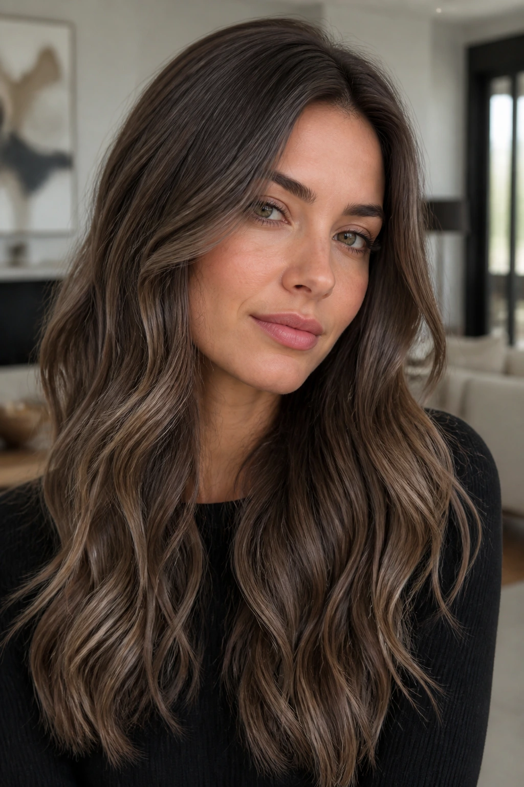 Close-up of mushroom brunette hair with taupe and ash tones on a real person